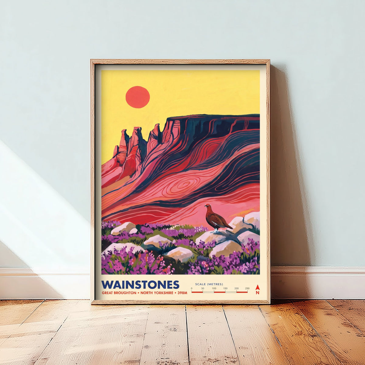 Wainstones Travel Poster - Red Grouse and Heather Crags Illustration - Great Broughton North Yorkshire Art Print - Cleveland Hills 1/3