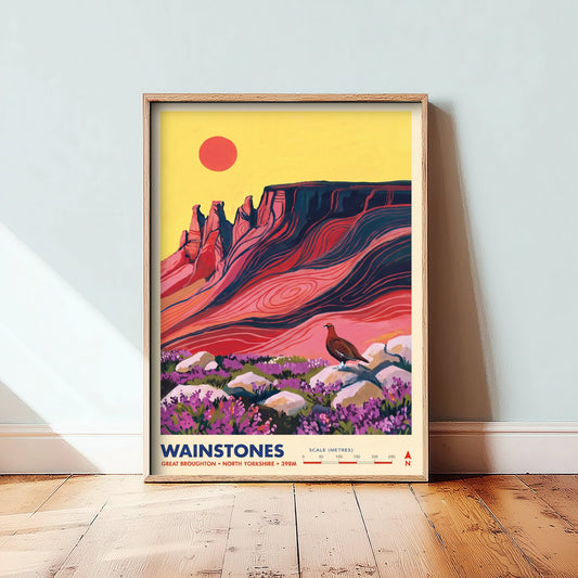 Wainstones Travel Poster - Red Grouse and Heather Crags Illustration - Great Broughton North Yorkshire Art Print - Cleveland Hills 1/3