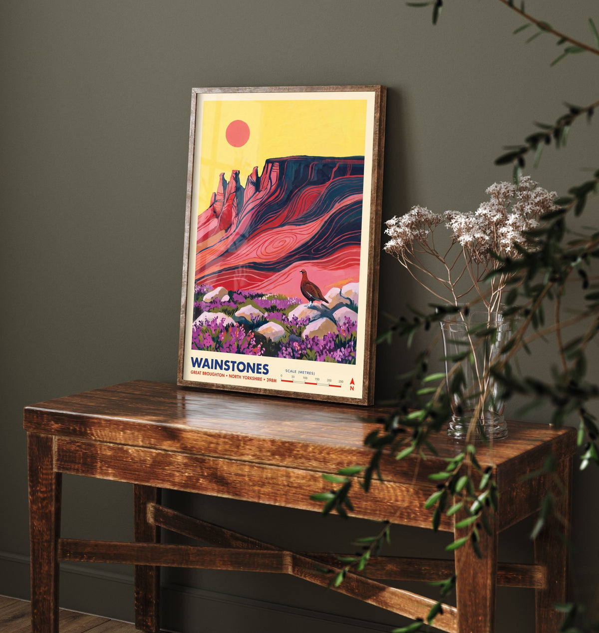 Wainstones Travel Poster - Red Grouse and Heather Crags Illustration - Great Broughton North Yorkshire Art Print - Cleveland Hills 1/3