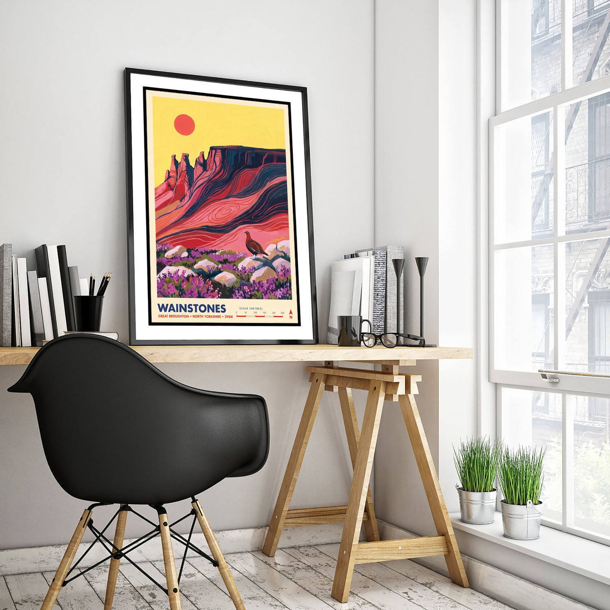 Wainstones Travel Poster - Red Grouse and Heather Crags Illustration - Great Broughton North Yorkshire Art Print - Cleveland Hills 1/3