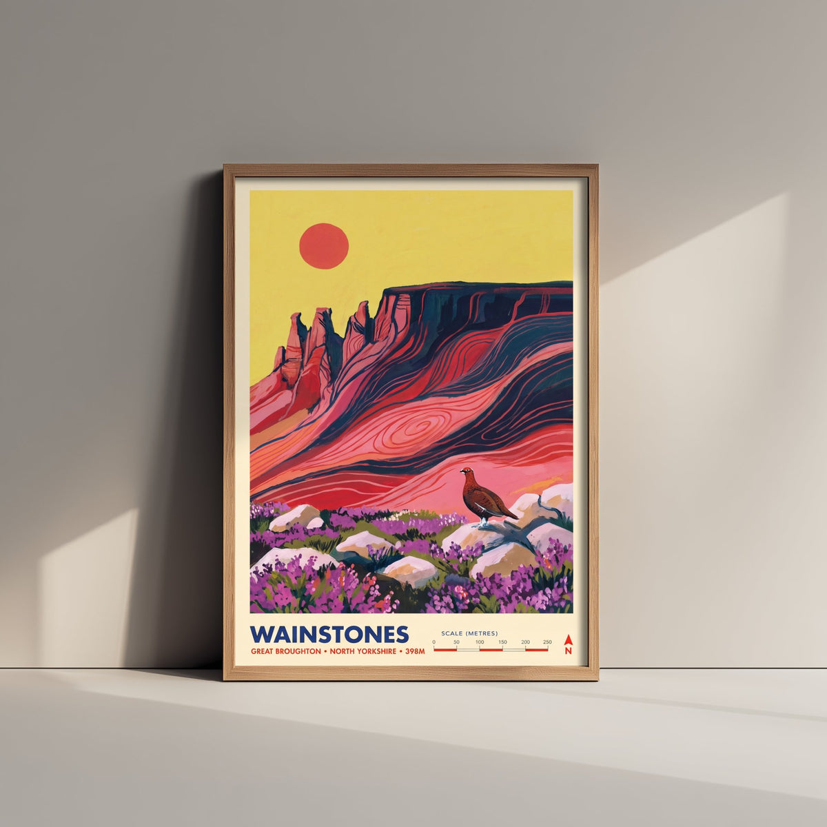 Wainstones Travel Poster - Red Grouse and Heather Crags Illustration - Great Broughton North Yorkshire Art Print - Cleveland Hills 1/3