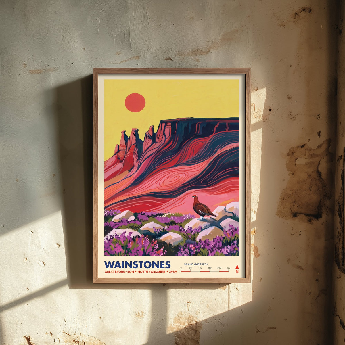 Wainstones Travel Poster - Red Grouse and Heather Crags Illustration - Great Broughton North Yorkshire Art Print - Cleveland Hills 1/3