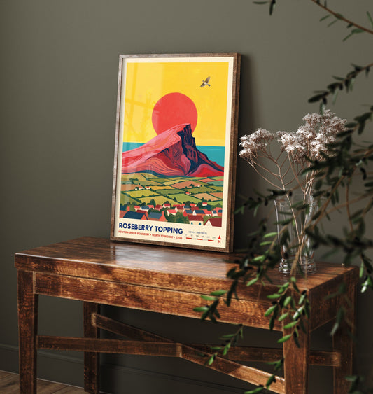 Roseberry Topping Travel Poster - North Yorkshire Peak Illustration - Newton-under-Roseberry Village and Sea Art Print 2/3