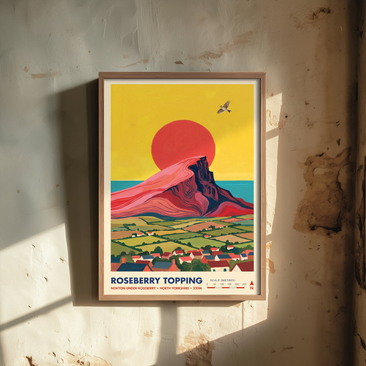 Roseberry Topping Travel Poster - North Yorkshire Peak Illustration - Newton-under-Roseberry Village and Sea Art Print 2/3