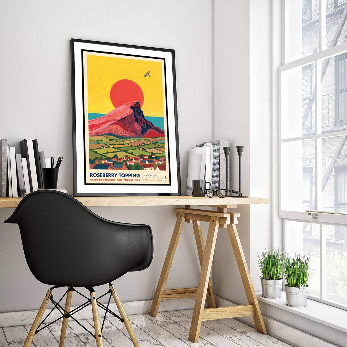 Roseberry Topping Travel Poster - North Yorkshire Peak Illustration - Newton-under-Roseberry Village and Sea Art Print 2/3
