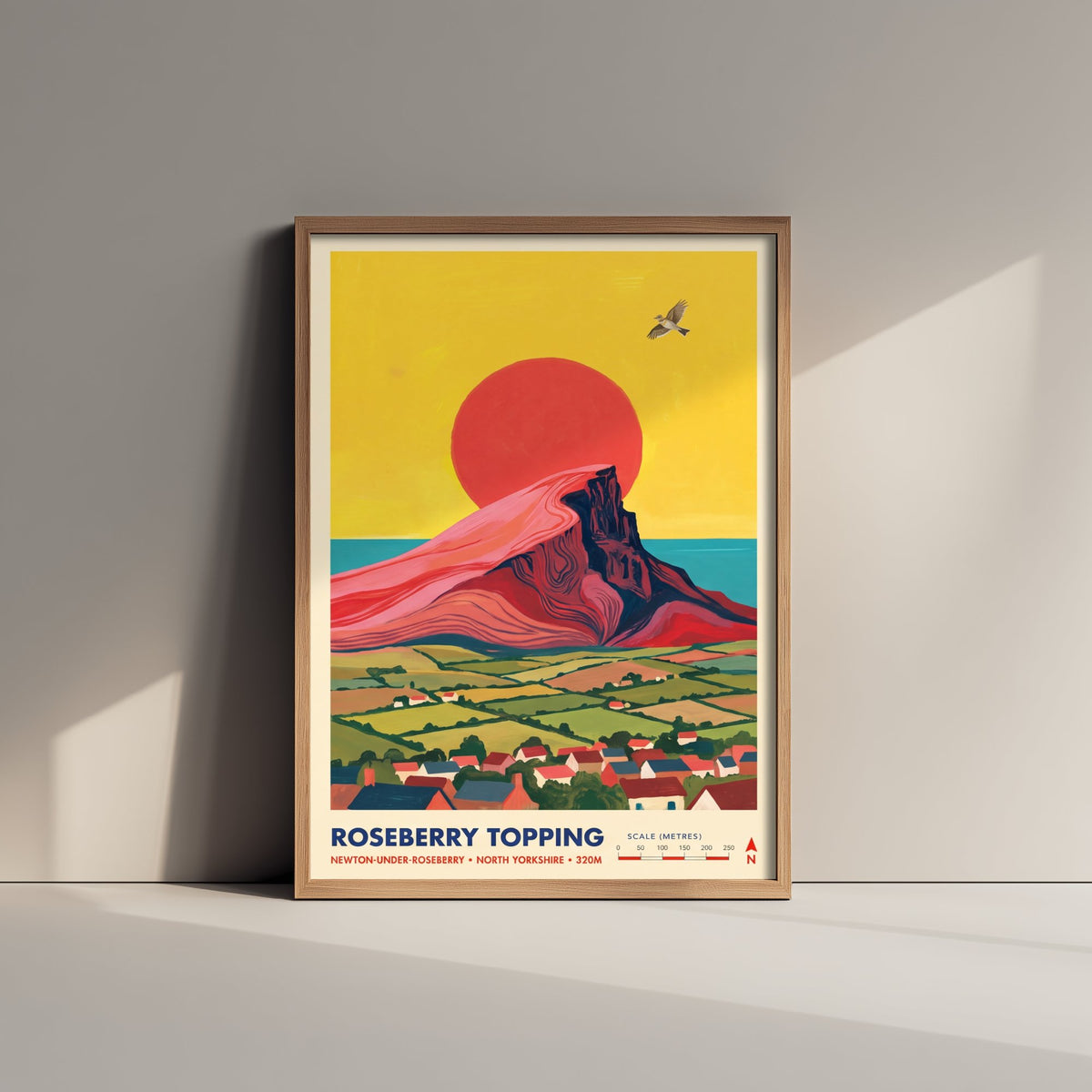 Roseberry Topping Travel Poster - North Yorkshire Peak Illustration - Newton-under-Roseberry Village and Sea Art Print 2/3