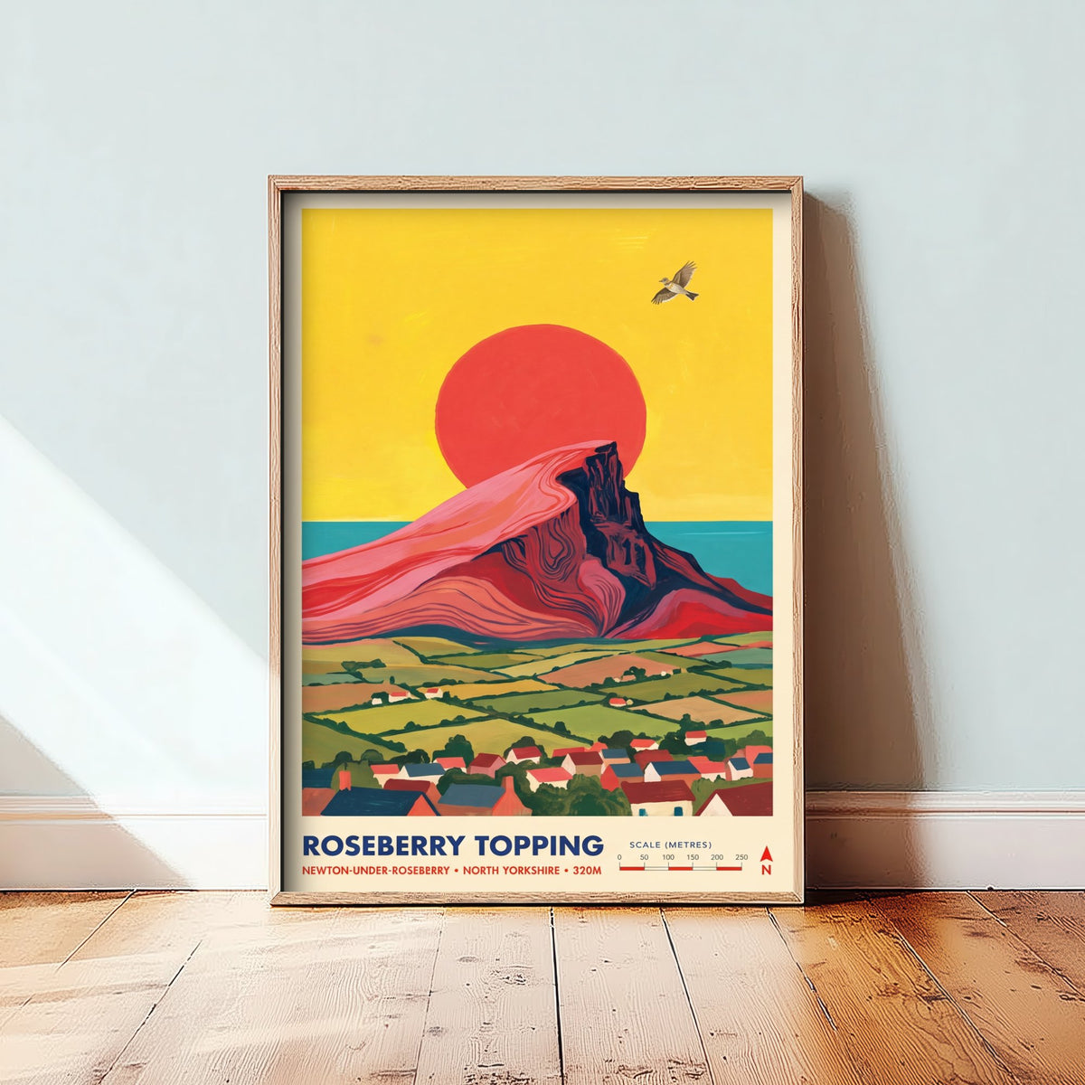Roseberry Topping Travel Poster - North Yorkshire Peak Illustration - Newton-under-Roseberry Village and Sea Art Print 2/3