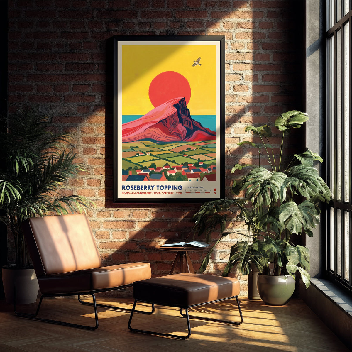 Roseberry Topping Travel Poster - North Yorkshire Peak Illustration - Newton-under-Roseberry Village and Sea Art Print 2/3