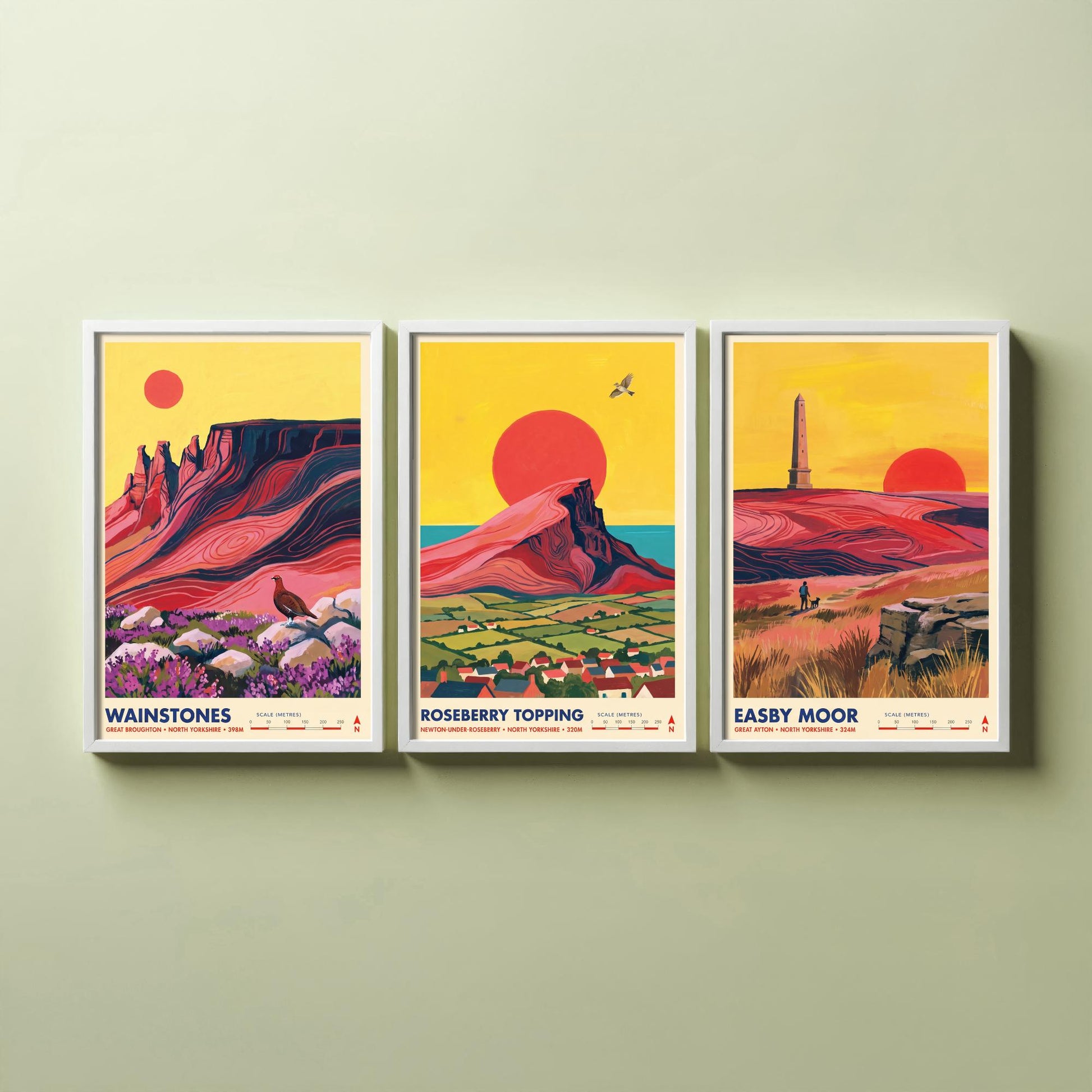 The Cleveland Hills Set of Three Art Prints - Wainstones, Roseberry Topping, Easby Moor - North Yorkshire Travel Posters Painting