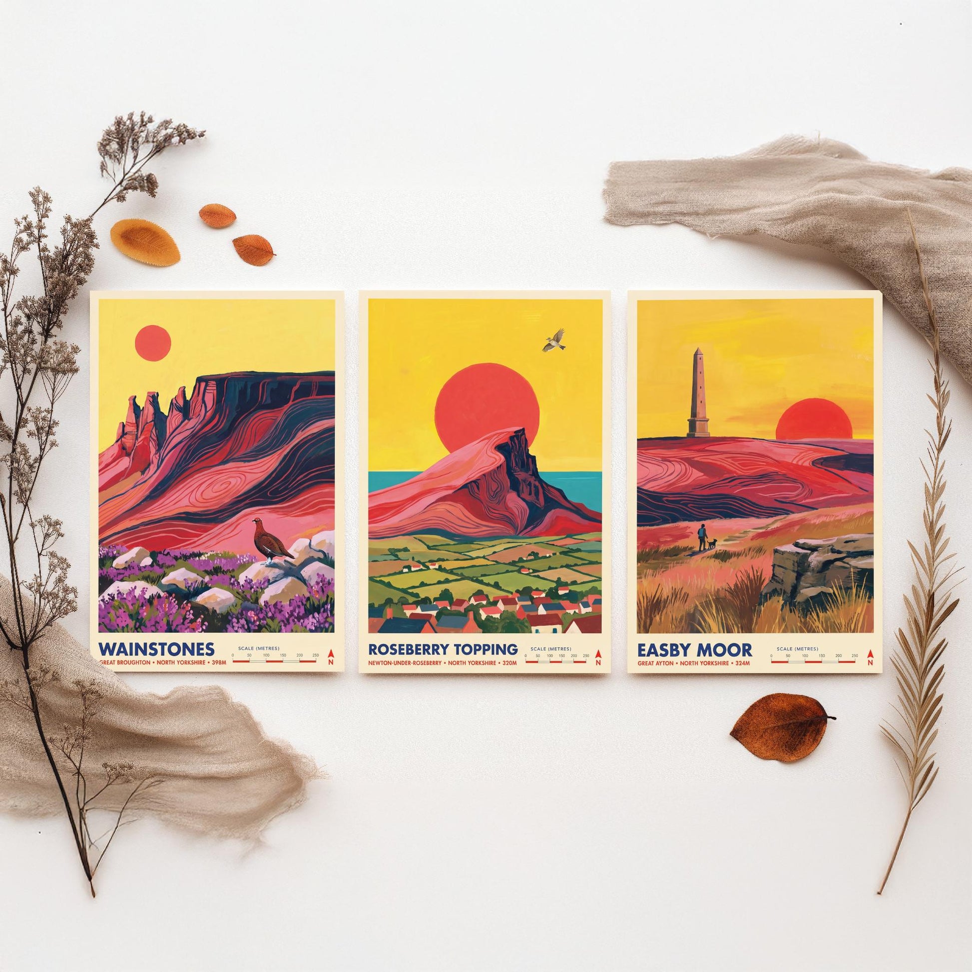The Cleveland Hills Set of Three Art Prints - Wainstones, Roseberry Topping, Easby Moor - North Yorkshire Travel Posters Painting