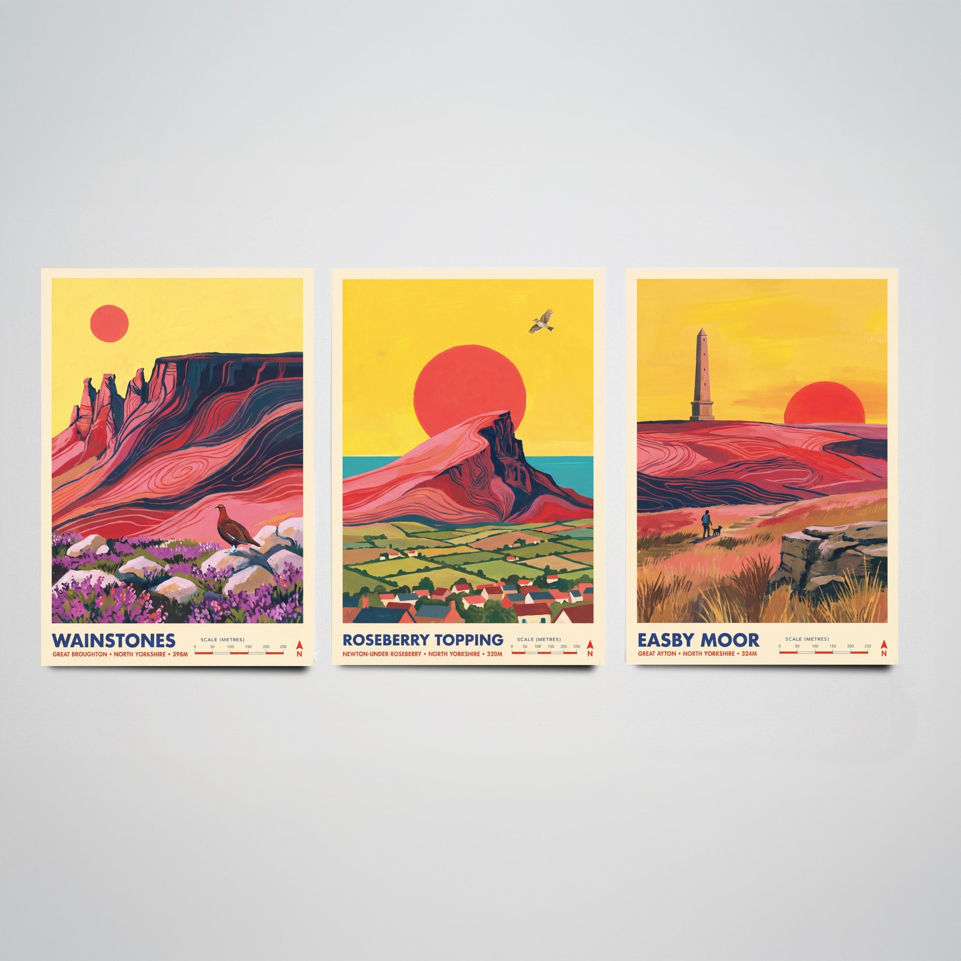 The Cleveland Hills Set of Three Art Prints - Wainstones, Roseberry Topping, Easby Moor - North Yorkshire Travel Posters Painting