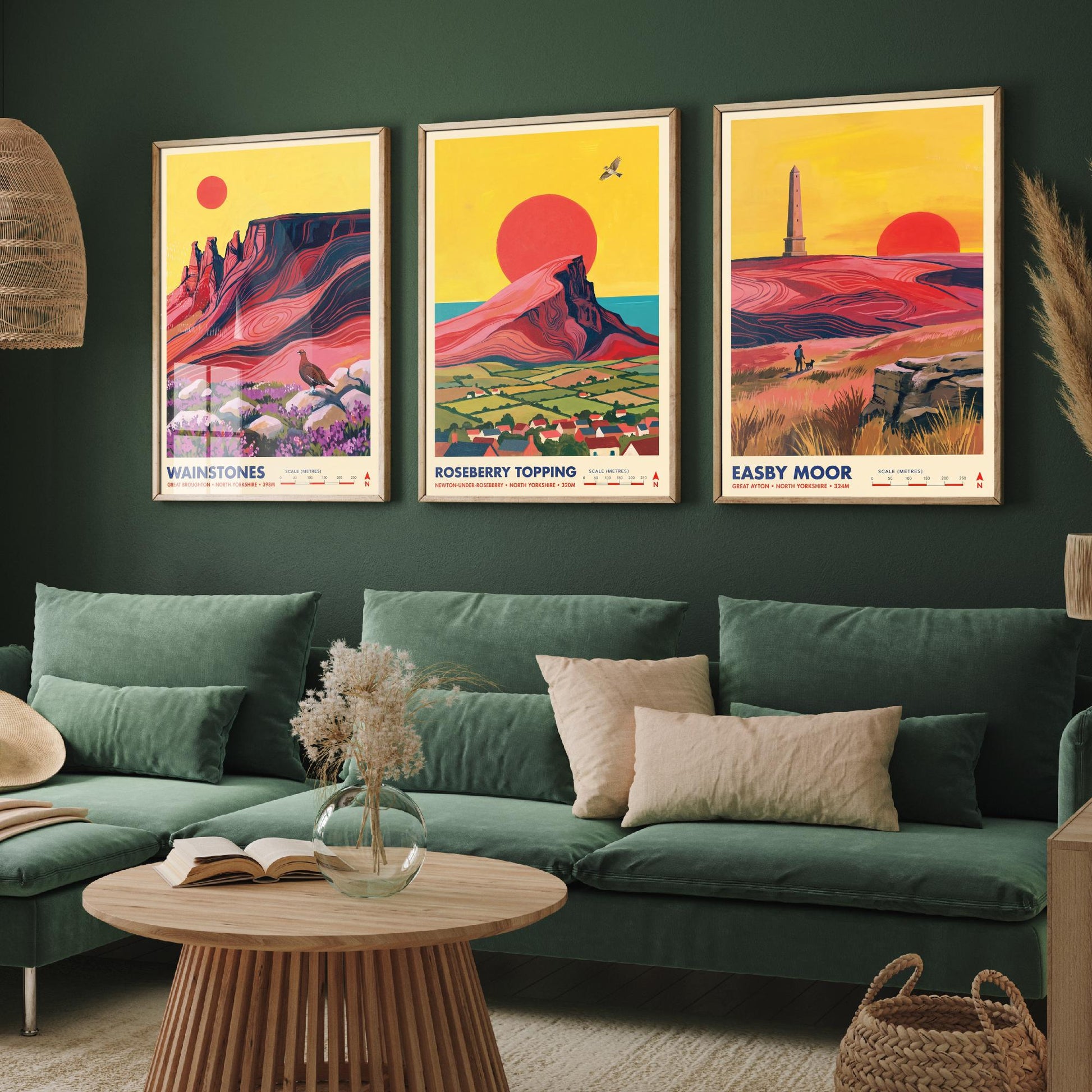 The Cleveland Hills Set of Three Art Prints - Wainstones, Roseberry Topping, Easby Moor - North Yorkshire Travel Posters Painting