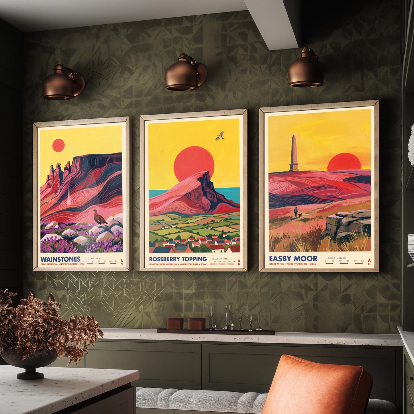 The Cleveland Hills Set of Three Art Prints - Wainstones, Roseberry Topping, Easby Moor - North Yorkshire Travel Posters Painting