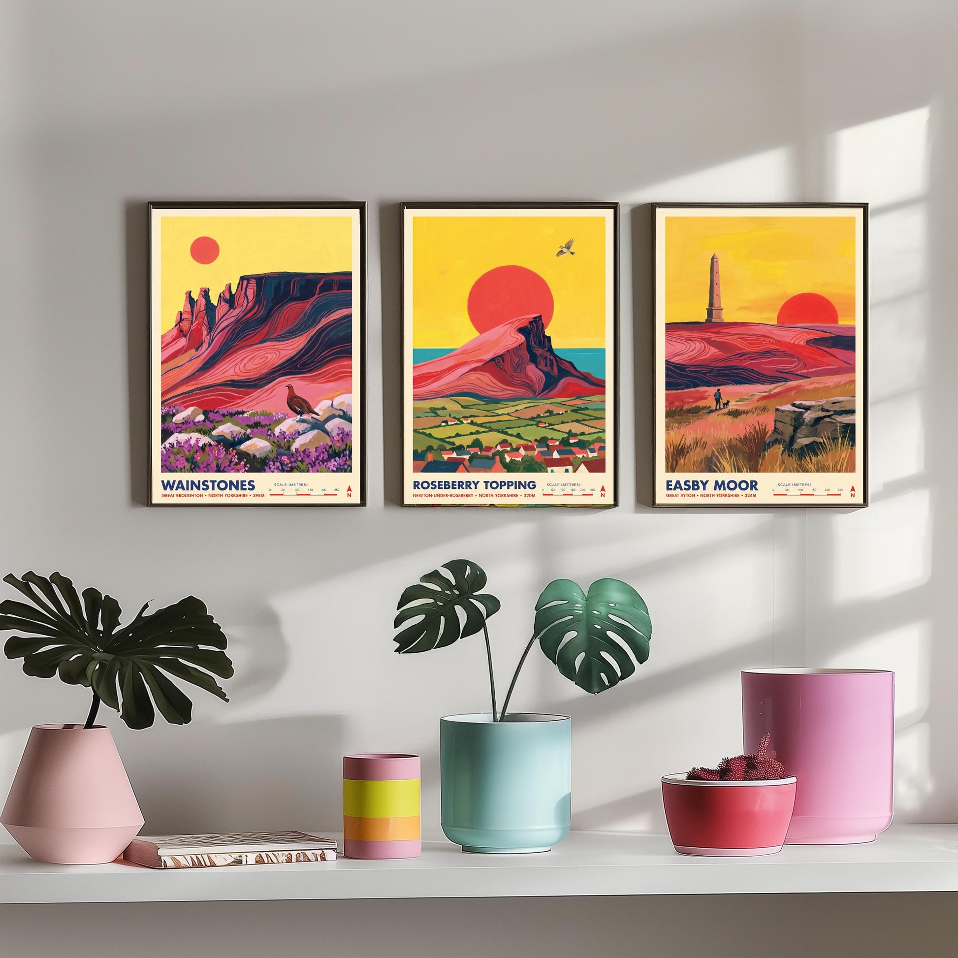 The Cleveland Hills Set of Three Art Prints - Wainstones, Roseberry Topping, Easby Moor - North Yorkshire Travel Posters Painting