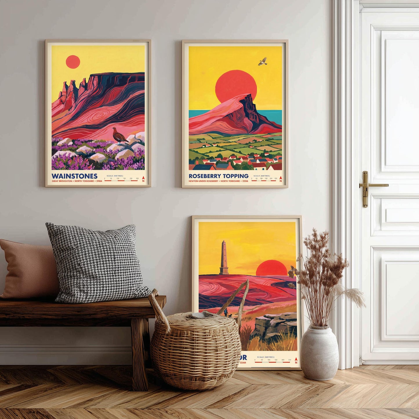 The Cleveland Hills Set of Three Art Prints - Wainstones, Roseberry Topping, Easby Moor - North Yorkshire Travel Posters Painting