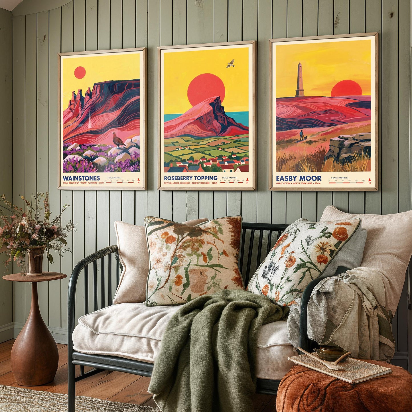 The Cleveland Hills Set of Three Art Prints - Wainstones, Roseberry Topping, Easby Moor - North Yorkshire Travel Posters Painting