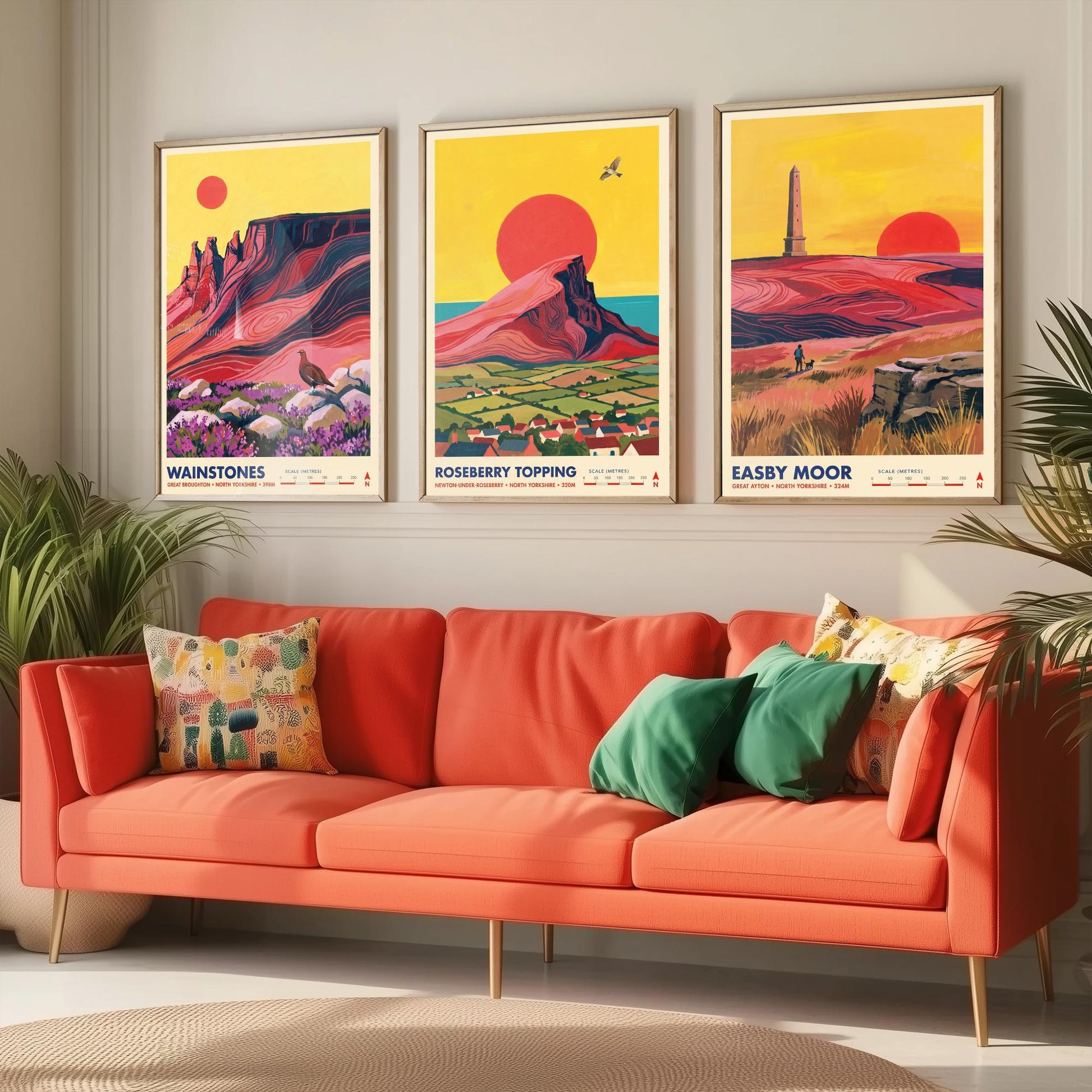 The Cleveland Hills Set of Three Art Prints - Wainstones, Roseberry Topping, Easby Moor - North Yorkshire Travel Posters Painting