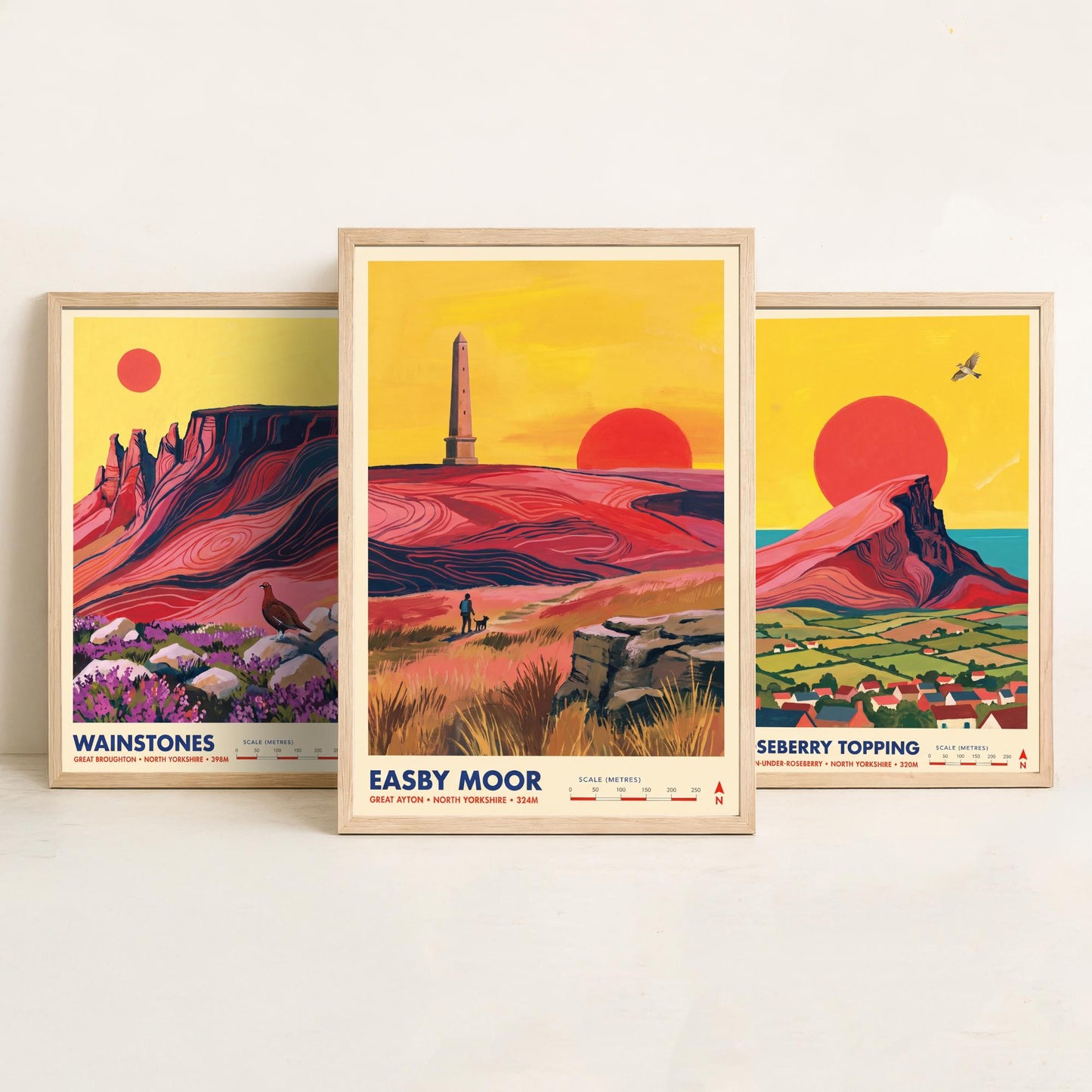 The Cleveland Hills Set of Three Art Prints - Wainstones, Roseberry Topping, Easby Moor - North Yorkshire Travel Posters Painting