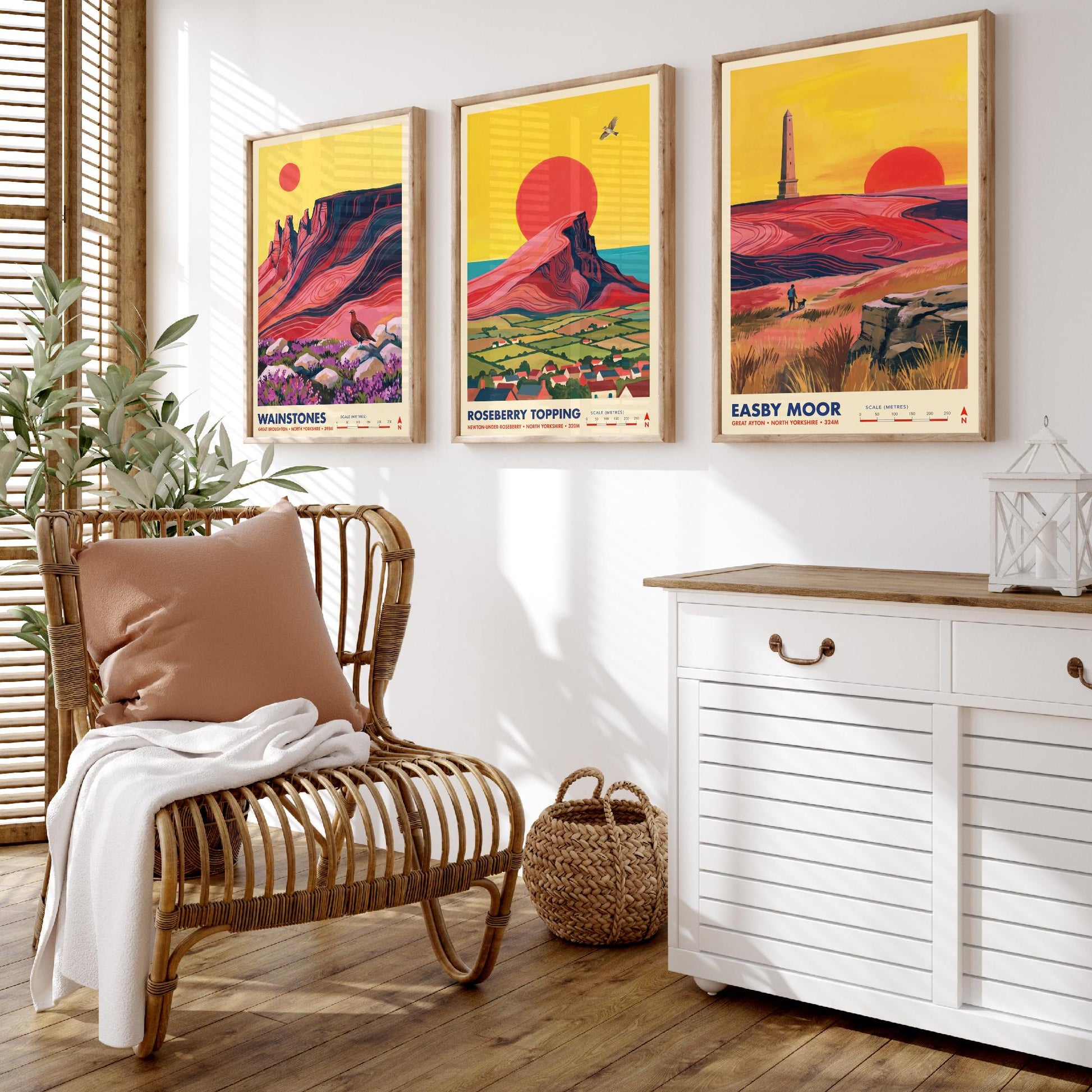 The Cleveland Hills Set of Three Art Prints - Wainstones, Roseberry Topping, Easby Moor - North Yorkshire Travel Posters Painting
