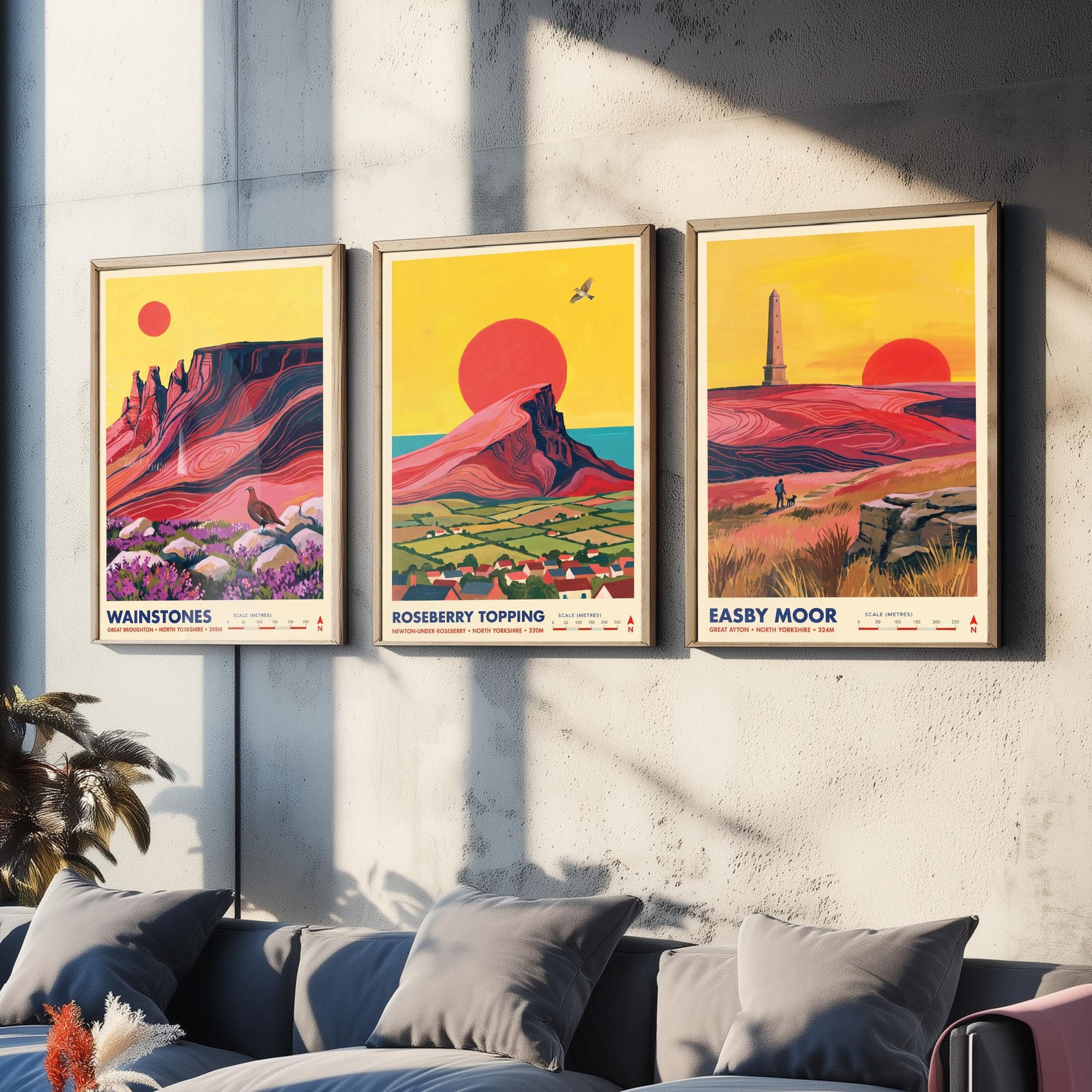 The Cleveland Hills Set of Three Art Prints - Wainstones, Roseberry Topping, Easby Moor - North Yorkshire Travel Posters Painting