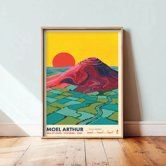 Moel Arthur Travel Poster - Clwydian Range Hillfort Art Print - Vale of Clwyd Flintshire Illustration - Wales Sunset Hill 1/3