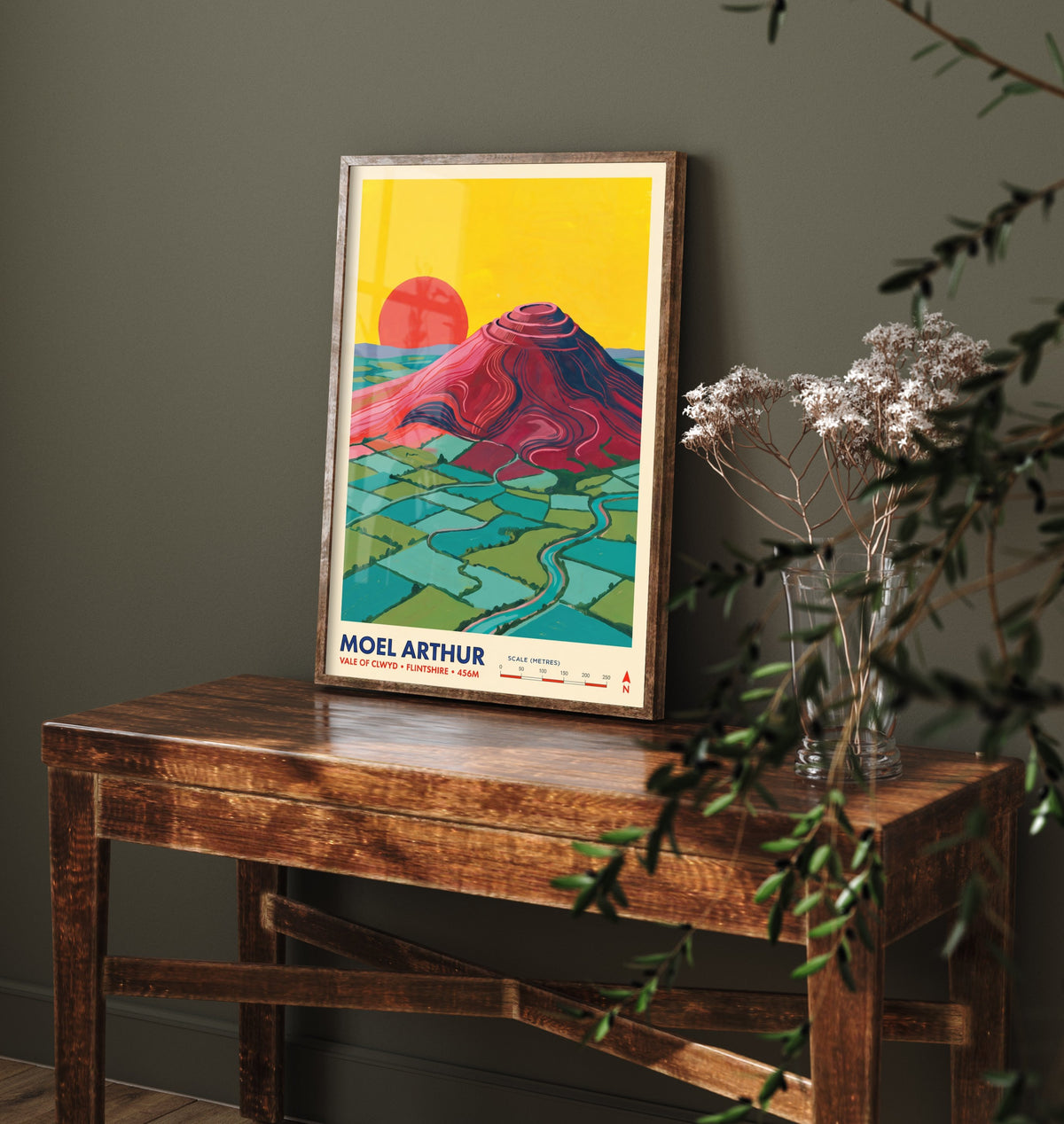 Moel Arthur Travel Poster - Clwydian Range Hillfort Art Print - Vale of Clwyd Flintshire Illustration - Wales Sunset Hill 1/3