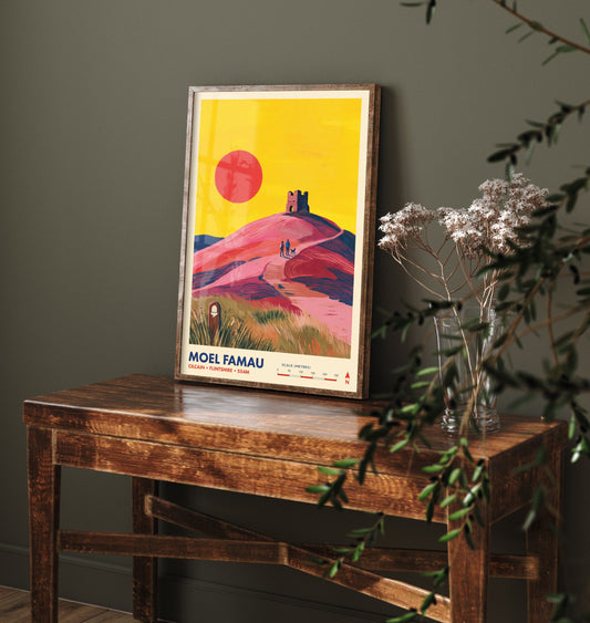 Moel Famau Travel Poster - Jubilee Tower Art Print - Clwydian Range Illustration - Cilcain Flintshire Walkers Sunset 2/3