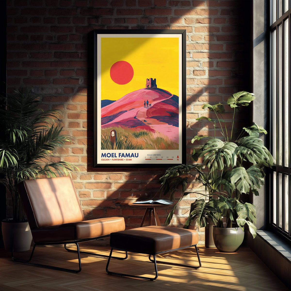 Moel Famau Travel Poster - Jubilee Tower Art Print - Clwydian Range Illustration - Cilcain Flintshire Walkers Sunset 2/3