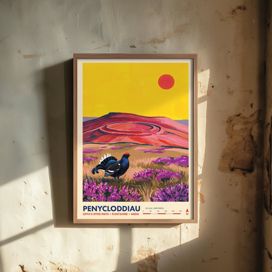 Penycloddiau Travel Poster - Black Grouse Heather Art Print - Offa's Dyke Path Clwydian Range Illustration - Flintshire Hillfort 3/3