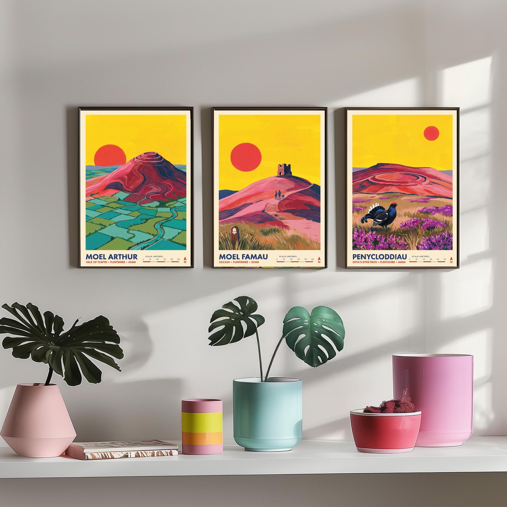 The Clwydian Range Set of Three Art Prints - Moel Arthur, Moel Famau, Penycloddiau - Welsh Hills Travel Posters - Vibrant Painting