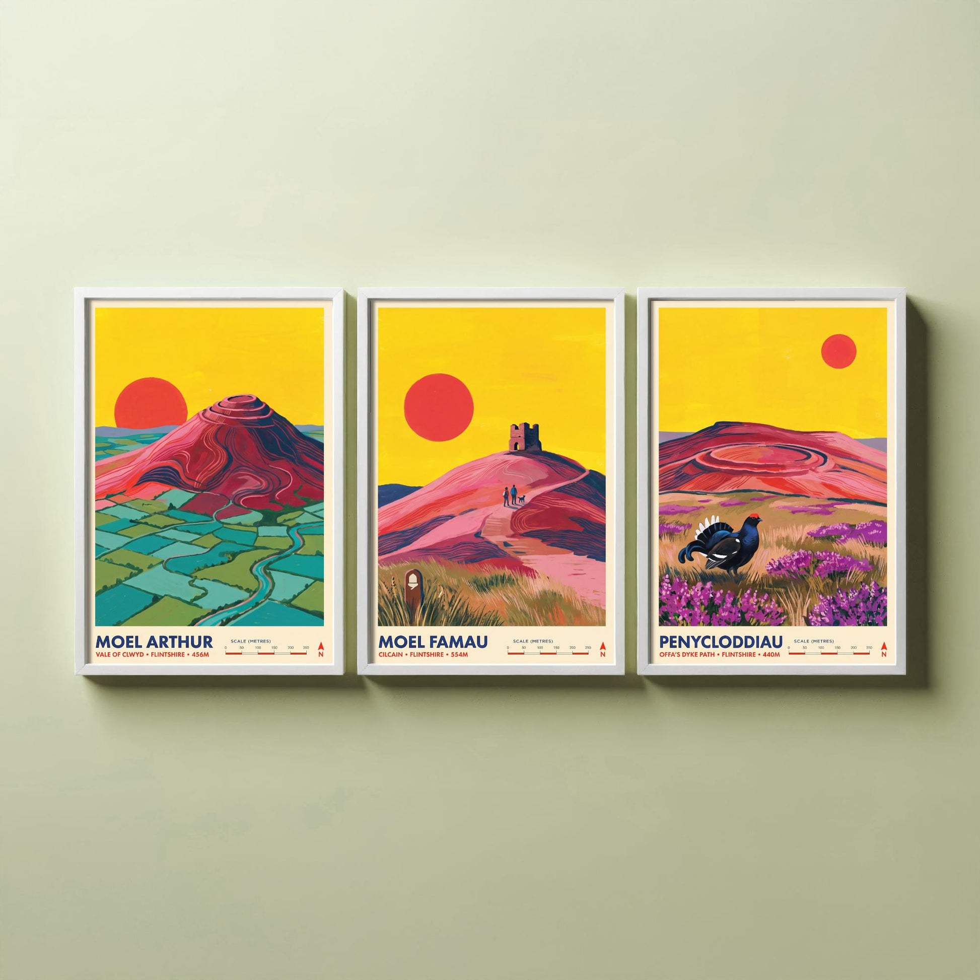 The Clwydian Range Set of Three Art Prints - Moel Arthur, Moel Famau, Penycloddiau - Welsh Hills Travel Posters - Vibrant Painting