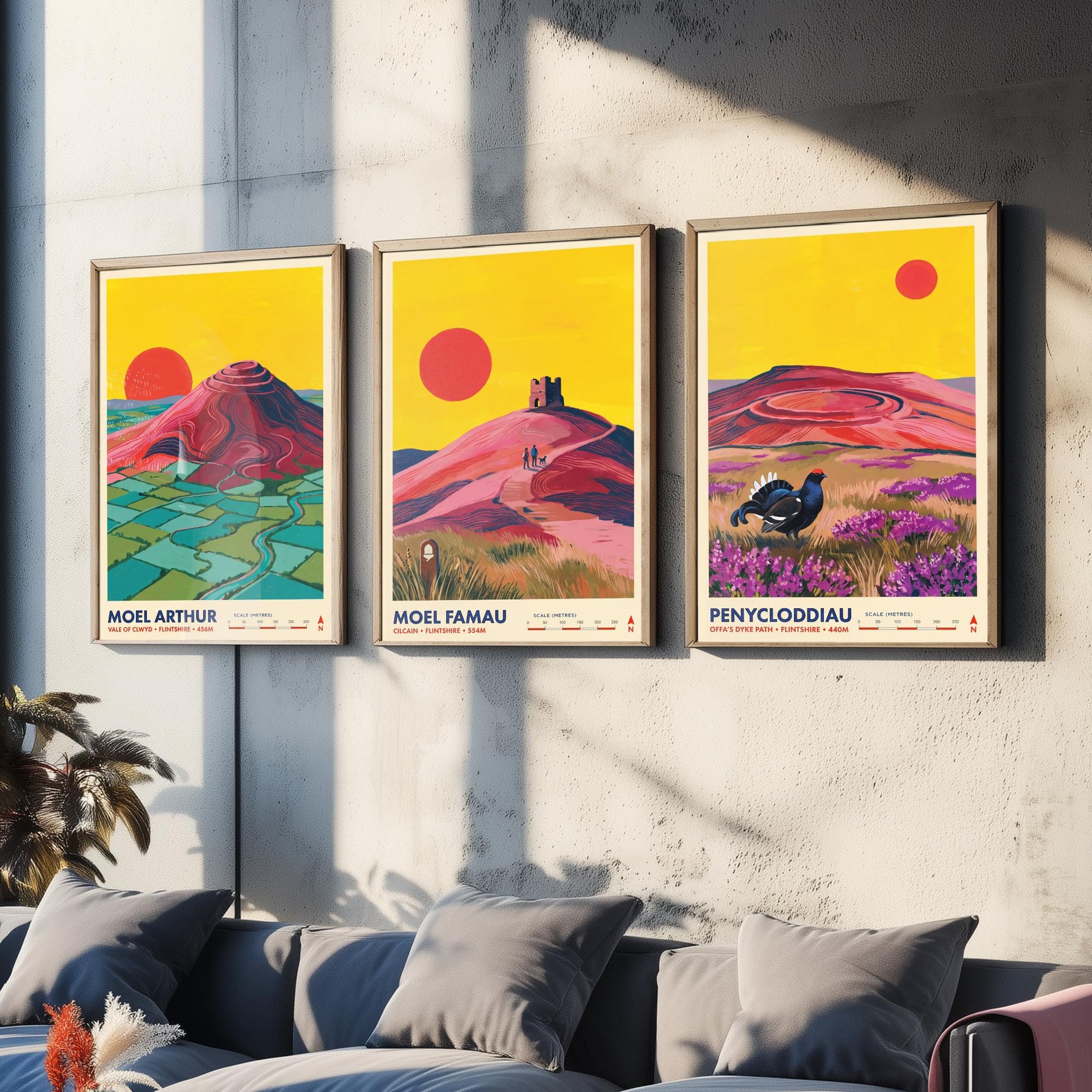 The Clwydian Range Set of Three Art Prints - Moel Arthur, Moel Famau, Penycloddiau - Welsh Hills Travel Posters - Vibrant Painting