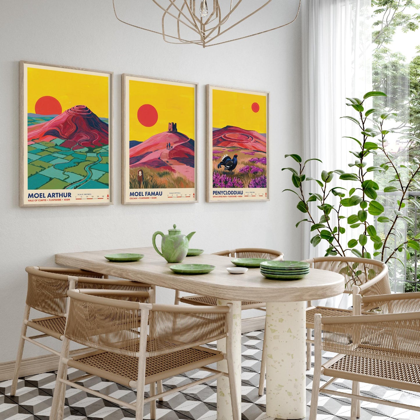 The Clwydian Range Set of Three Art Prints - Moel Arthur, Moel Famau, Penycloddiau - Welsh Hills Travel Posters - Vibrant Painting