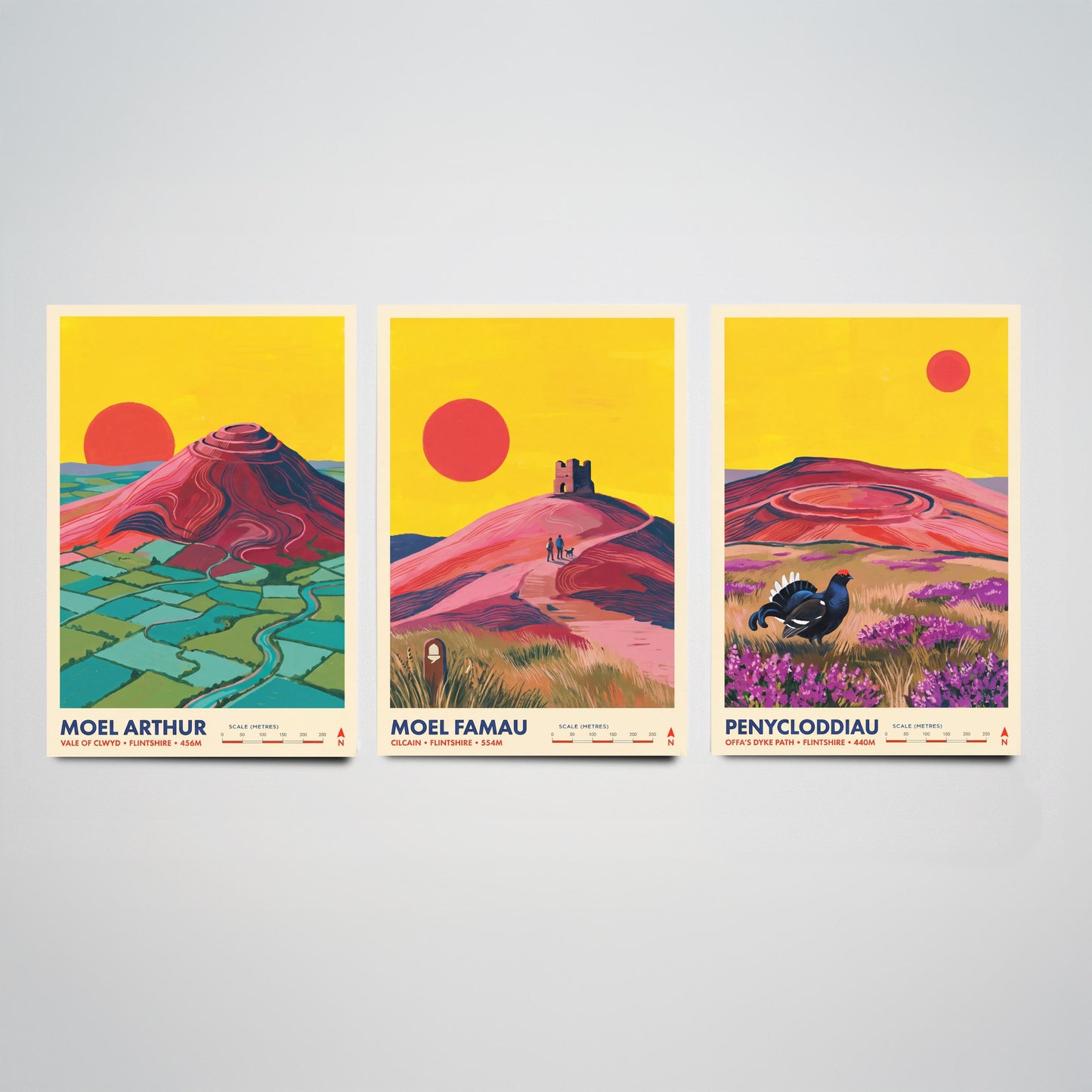 The Clwydian Range Set of Three Art Prints - Moel Arthur, Moel Famau, Penycloddiau - Welsh Hills Travel Posters - Vibrant Painting