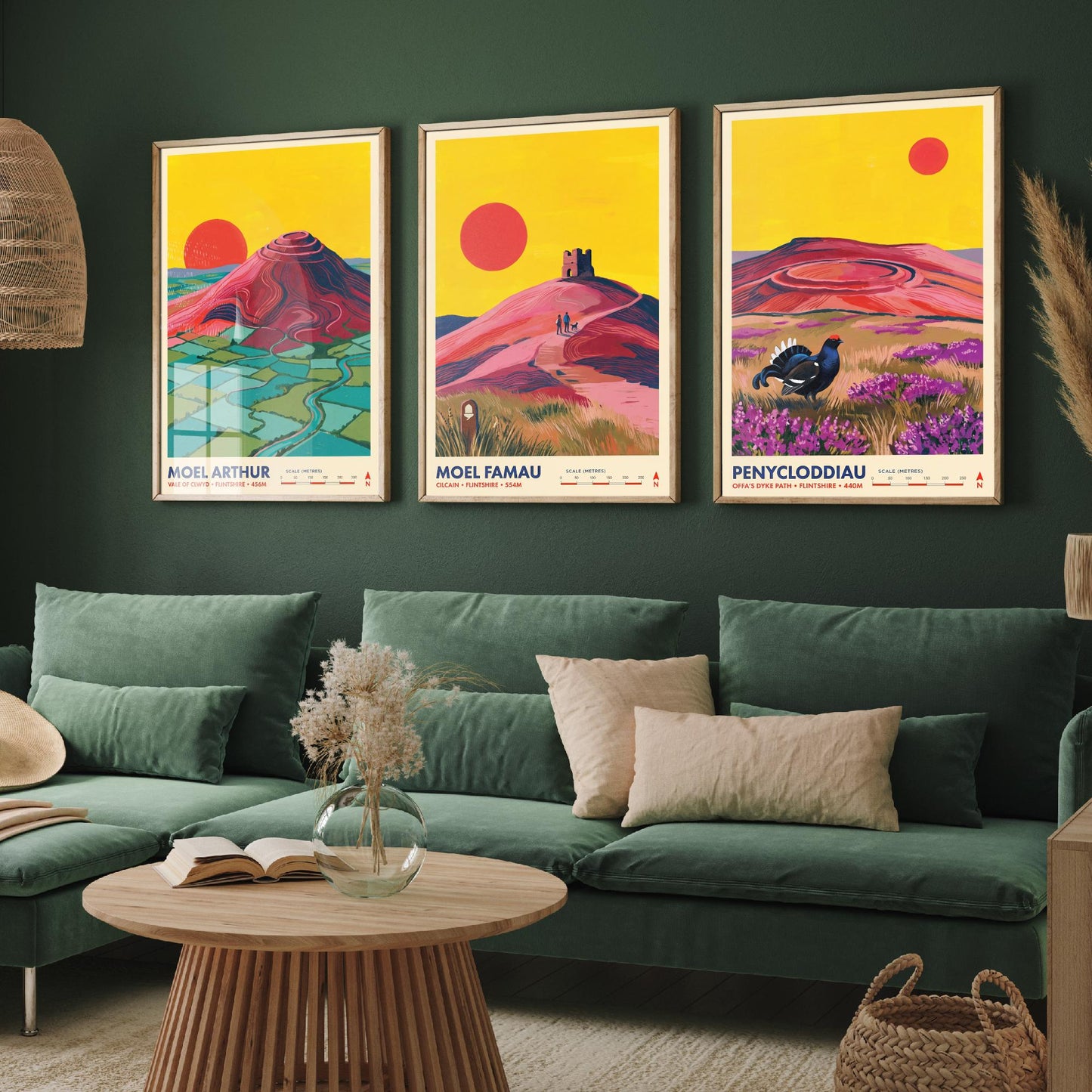 The Clwydian Range Set of Three Art Prints - Moel Arthur, Moel Famau, Penycloddiau - Welsh Hills Travel Posters - Vibrant Painting