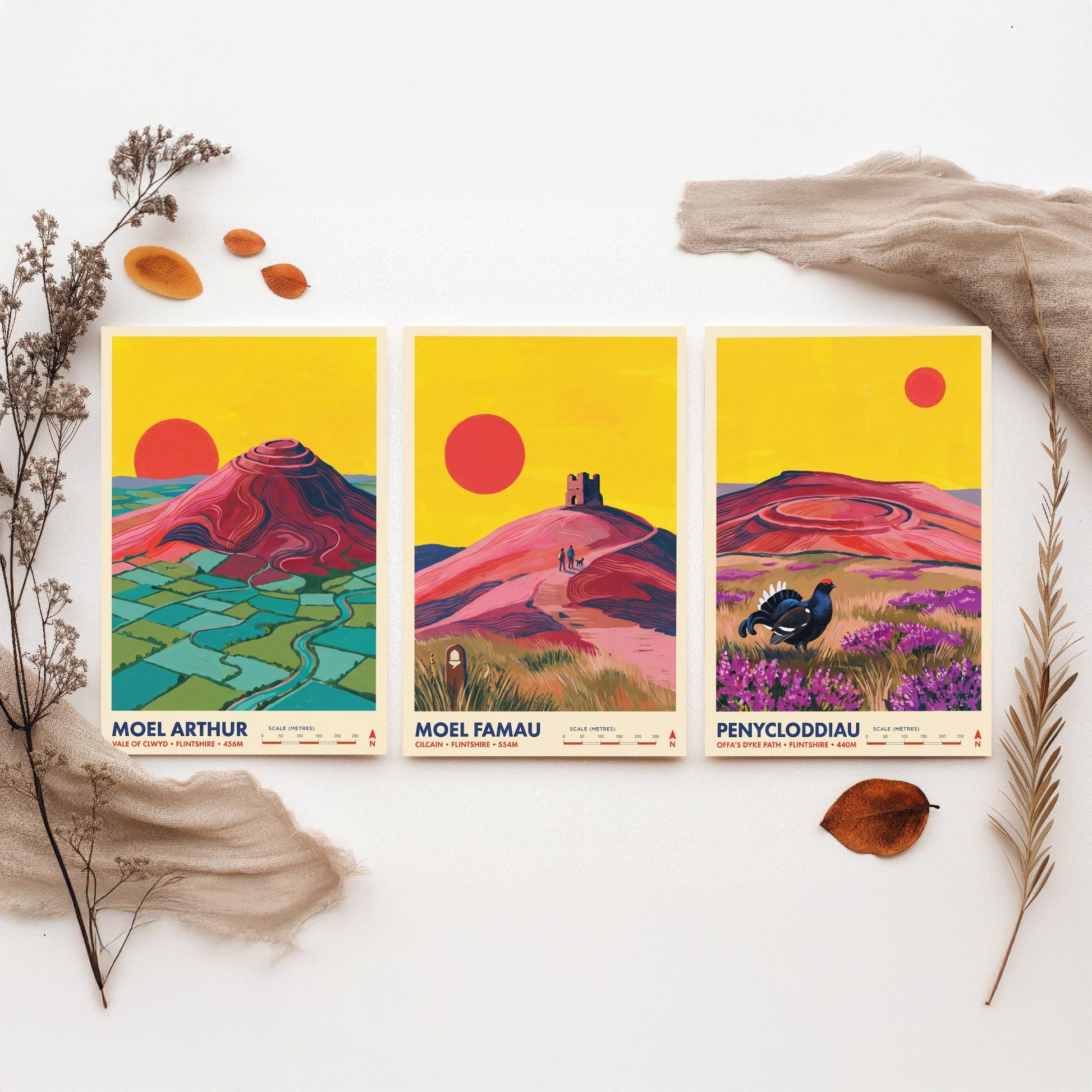 The Clwydian Range Set of Three Art Prints - Moel Arthur, Moel Famau, Penycloddiau - Welsh Hills Travel Posters - Vibrant Painting