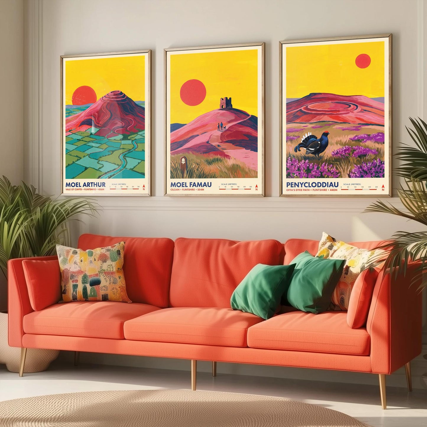 The Clwydian Range Set of Three Art Prints - Moel Arthur, Moel Famau, Penycloddiau - Welsh Hills Travel Posters - Vibrant Painting