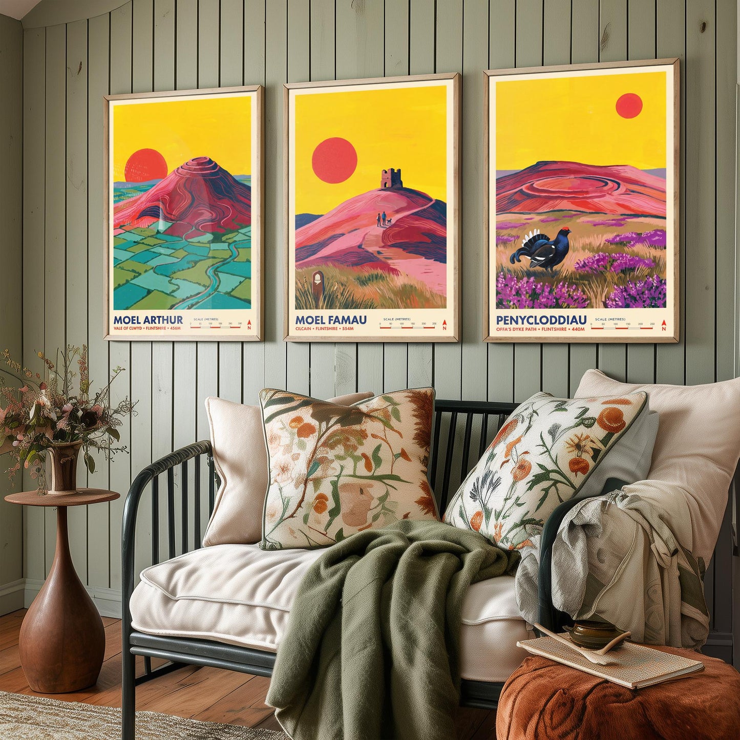 The Clwydian Range Set of Three Art Prints - Moel Arthur, Moel Famau, Penycloddiau - Welsh Hills Travel Posters - Vibrant Painting