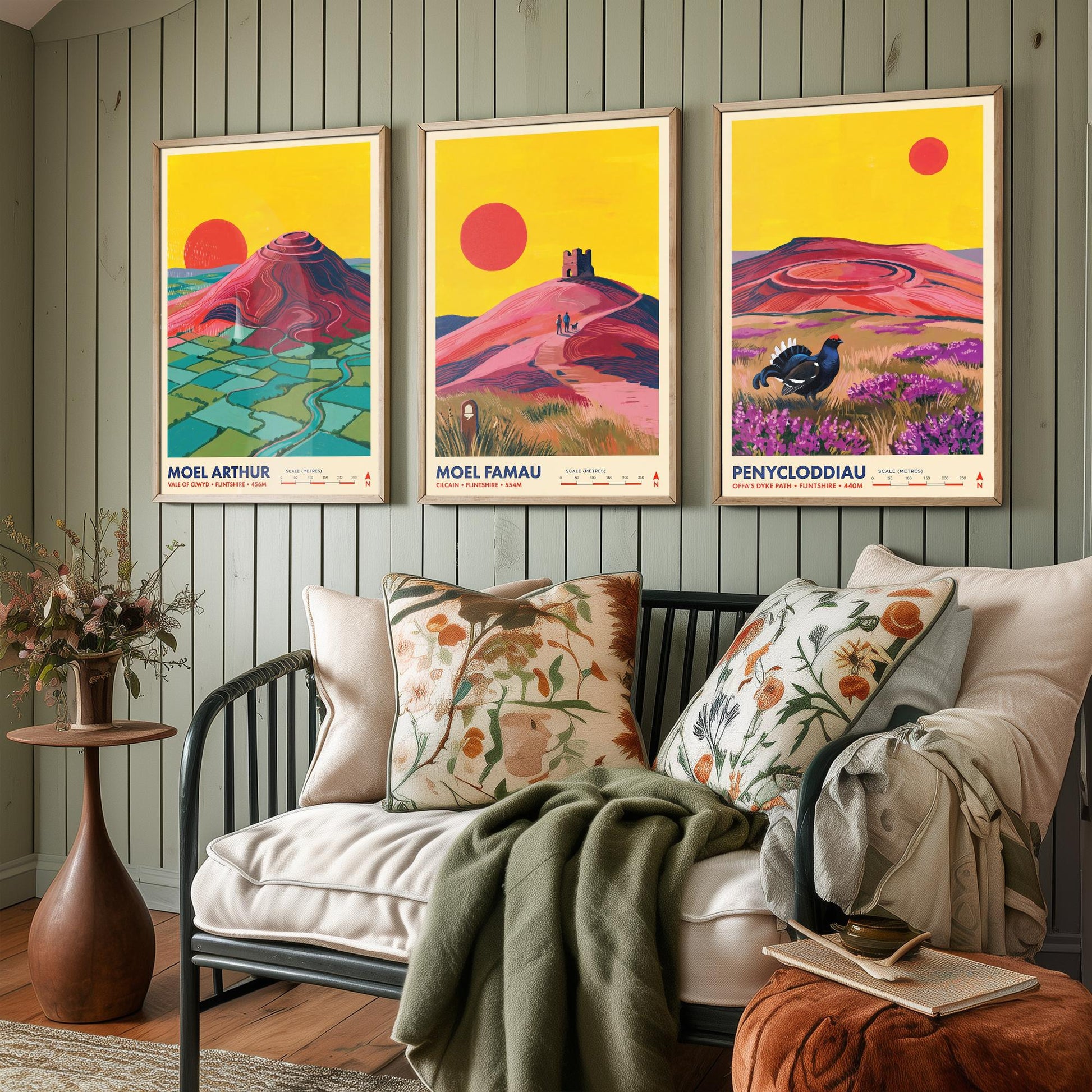 The Clwydian Range Set of Three Art Prints - Moel Arthur, Moel Famau, Penycloddiau - Welsh Hills Travel Posters - Vibrant Painting