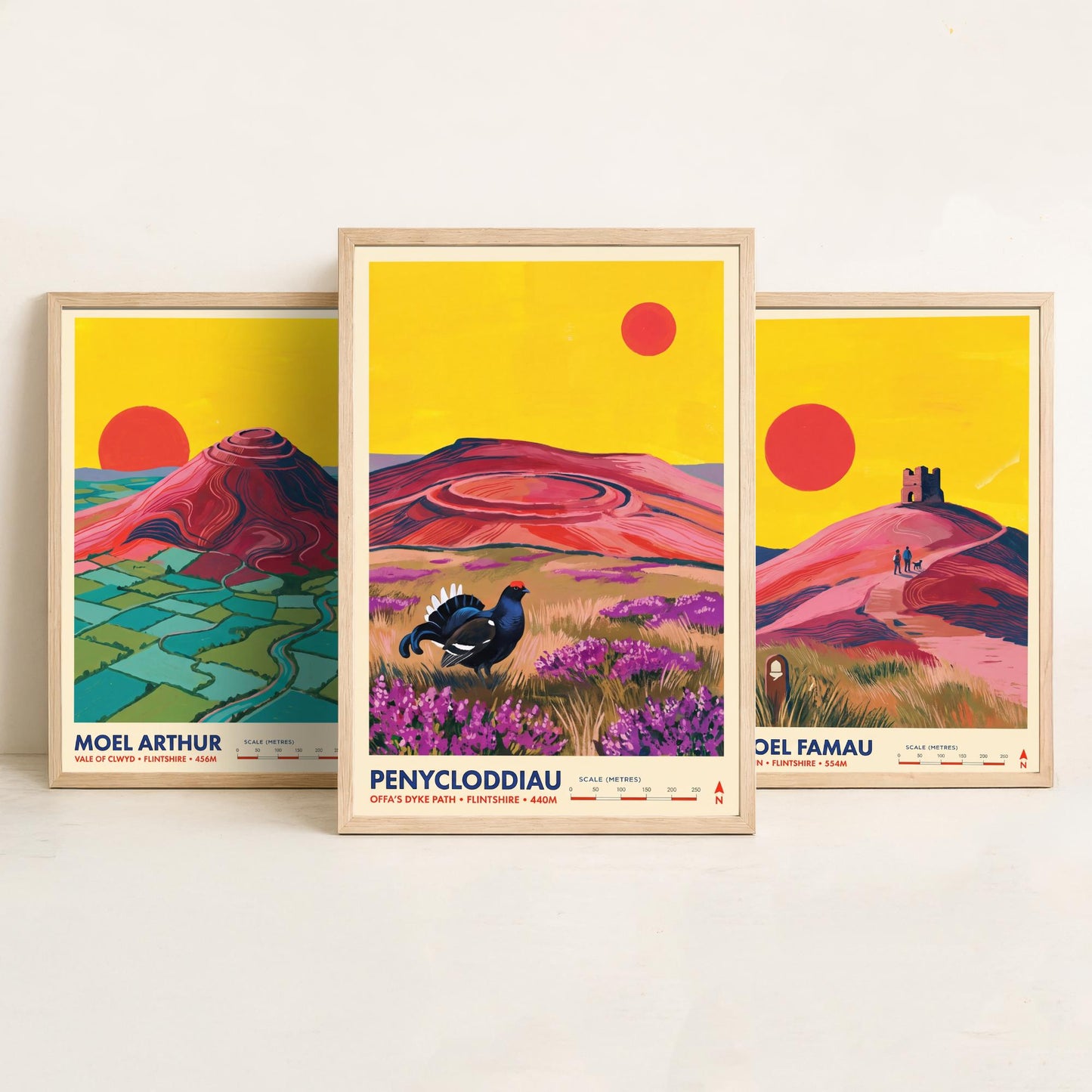 The Clwydian Range Set of Three Art Prints - Moel Arthur, Moel Famau, Penycloddiau - Welsh Hills Travel Posters - Vibrant Painting
