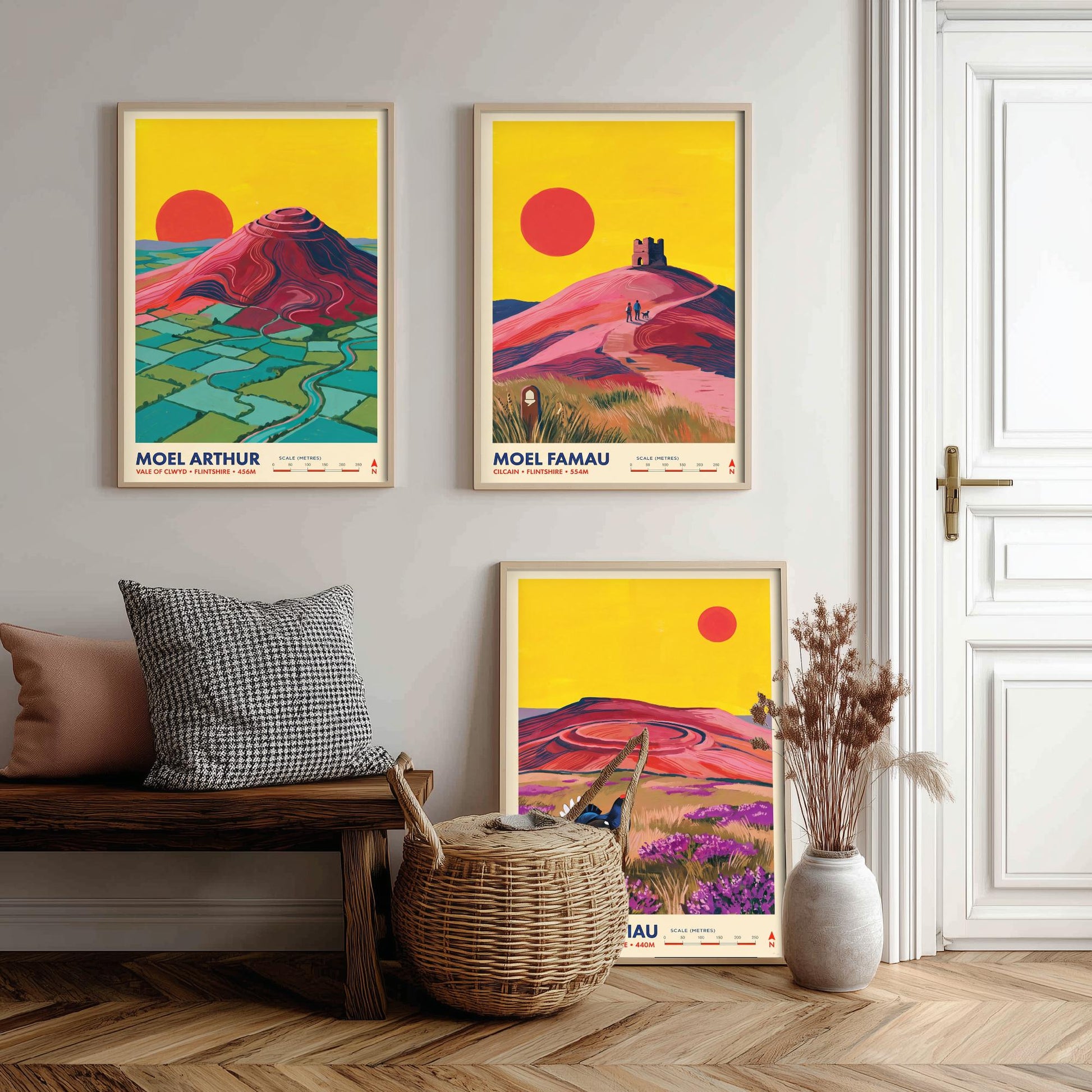 The Clwydian Range Set of Three Art Prints - Moel Arthur, Moel Famau, Penycloddiau - Welsh Hills Travel Posters - Vibrant Painting