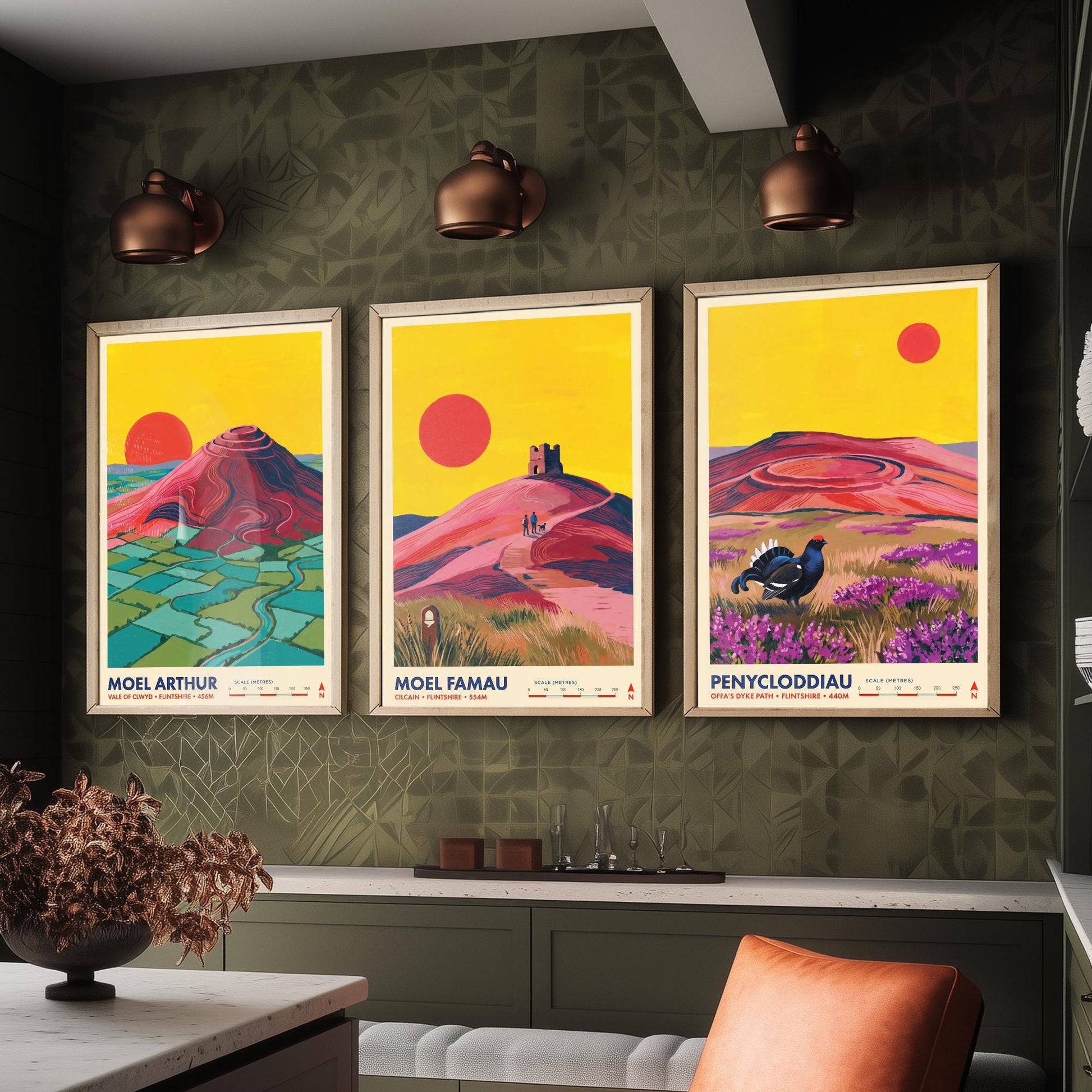 The Clwydian Range Set of Three Art Prints - Moel Arthur, Moel Famau, Penycloddiau - Welsh Hills Travel Posters - Vibrant Painting