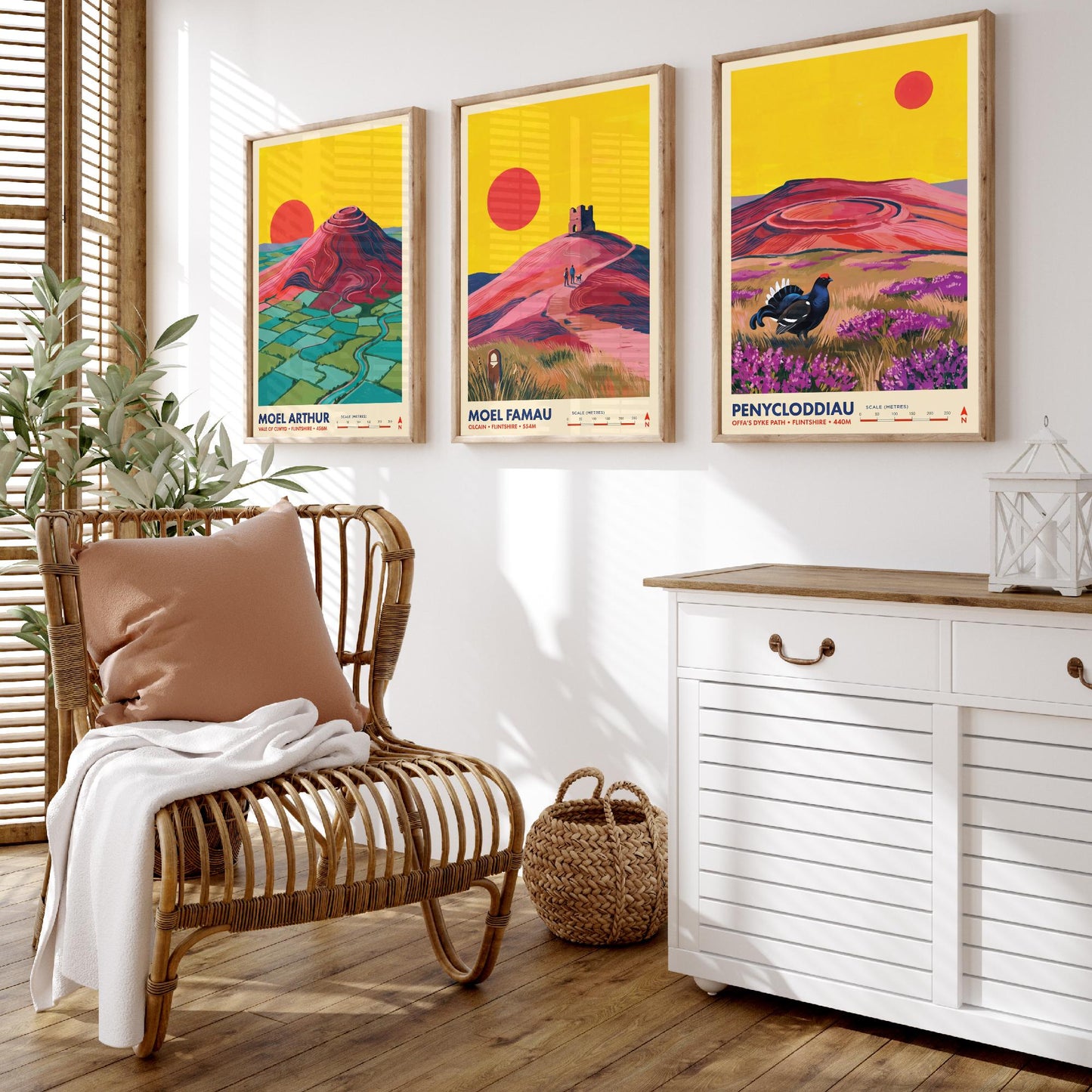 The Clwydian Range Set of Three Art Prints - Moel Arthur, Moel Famau, Penycloddiau - Welsh Hills Travel Posters - Vibrant Painting