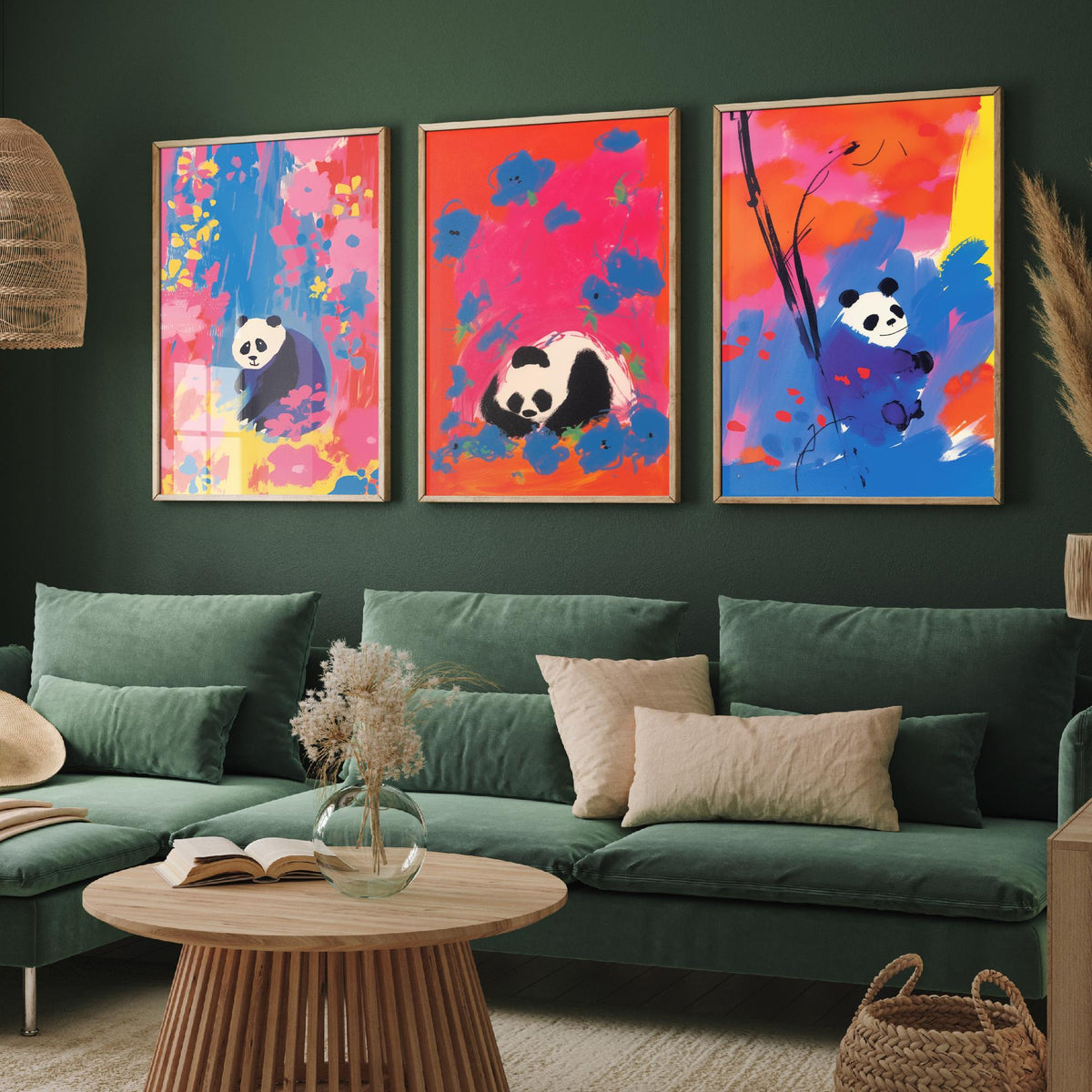 Cute Panda Set of Three Art Prints - Sitting, Sleeping and Bamboo Panda in Pink, Red and Blue - After Odilon Redon Illustration Poster