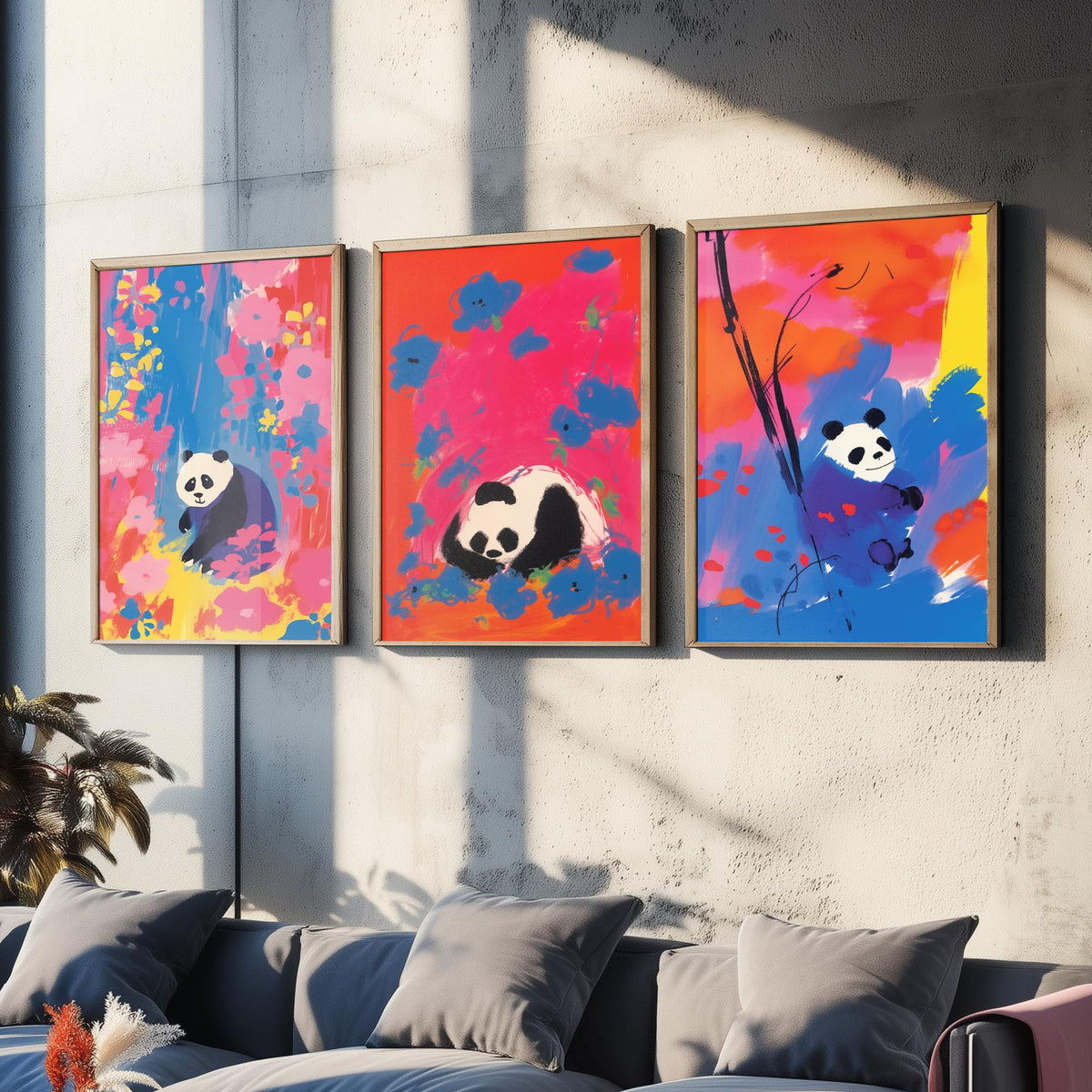 Cute Panda Set of Three Art Prints - Sitting, Sleeping and Bamboo Panda in Pink, Red and Blue - After Odilon Redon Illustration Poster