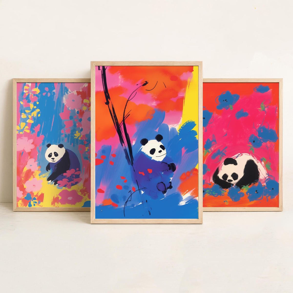 Cute Panda Set of Three Art Prints - Sitting, Sleeping and Bamboo Panda in Pink, Red and Blue - After Odilon Redon Illustration Poster