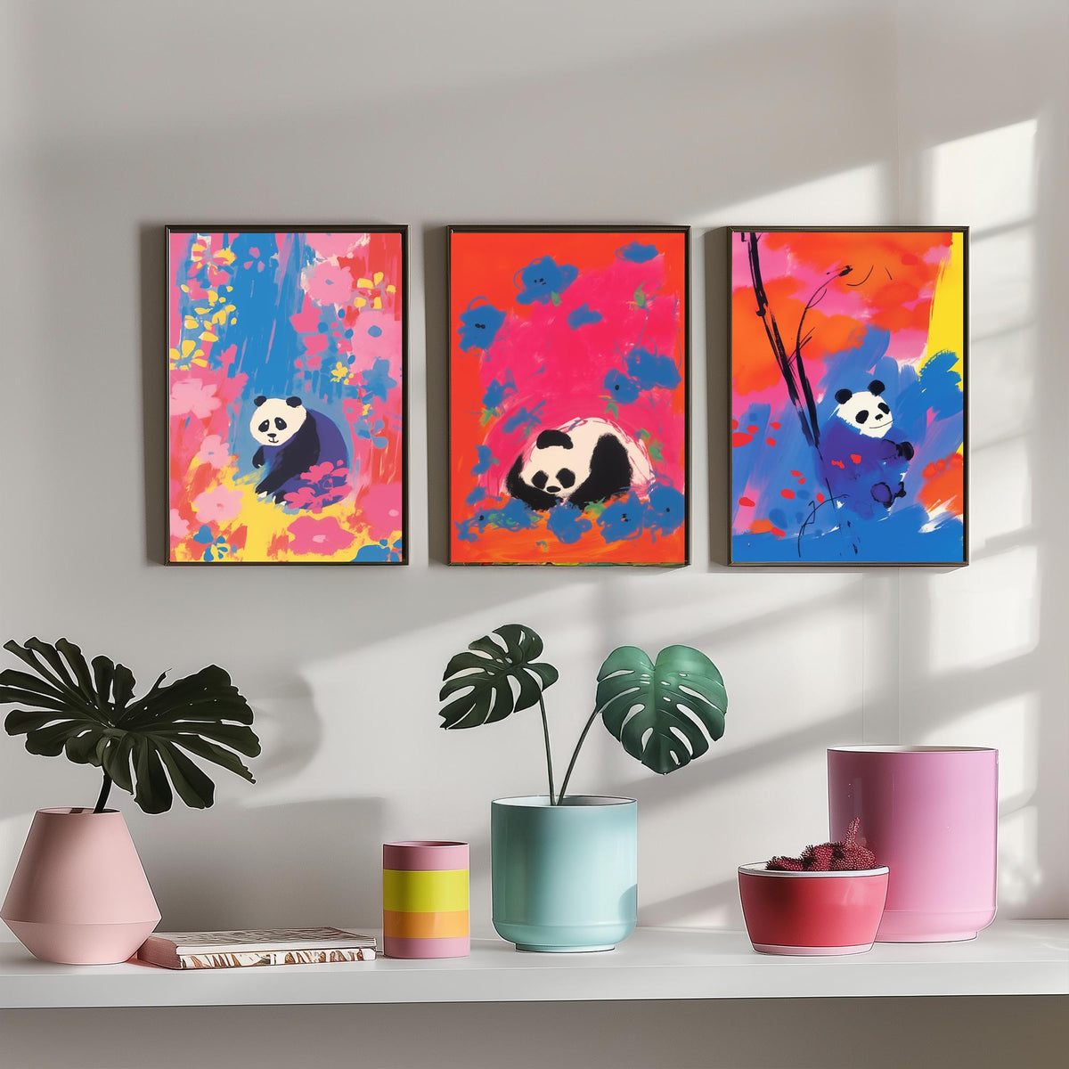 Cute Panda Set of Three Art Prints - Sitting, Sleeping and Bamboo Panda in Pink, Red and Blue - After Odilon Redon Illustration Poster
