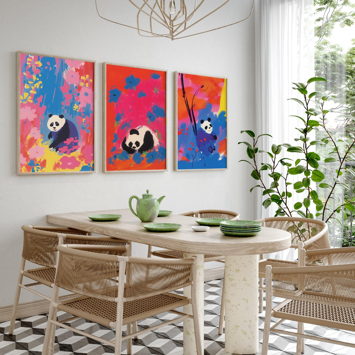Cute Panda Set of Three Art Prints - Sitting, Sleeping and Bamboo Panda in Pink, Red and Blue - After Odilon Redon Illustration Poster