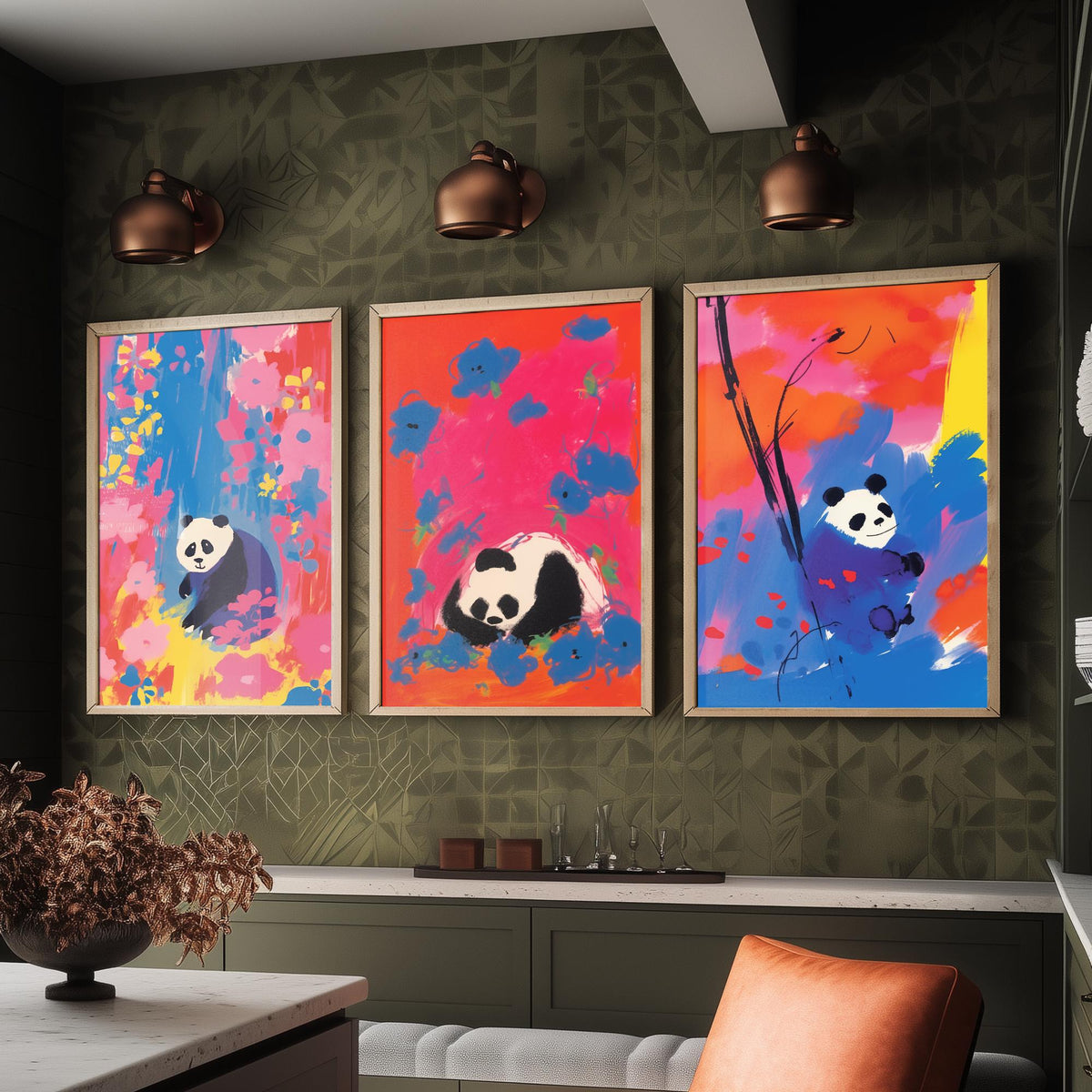 Cute Panda Set of Three Art Prints - Sitting, Sleeping and Bamboo Panda in Pink, Red and Blue - After Odilon Redon Illustration Poster
