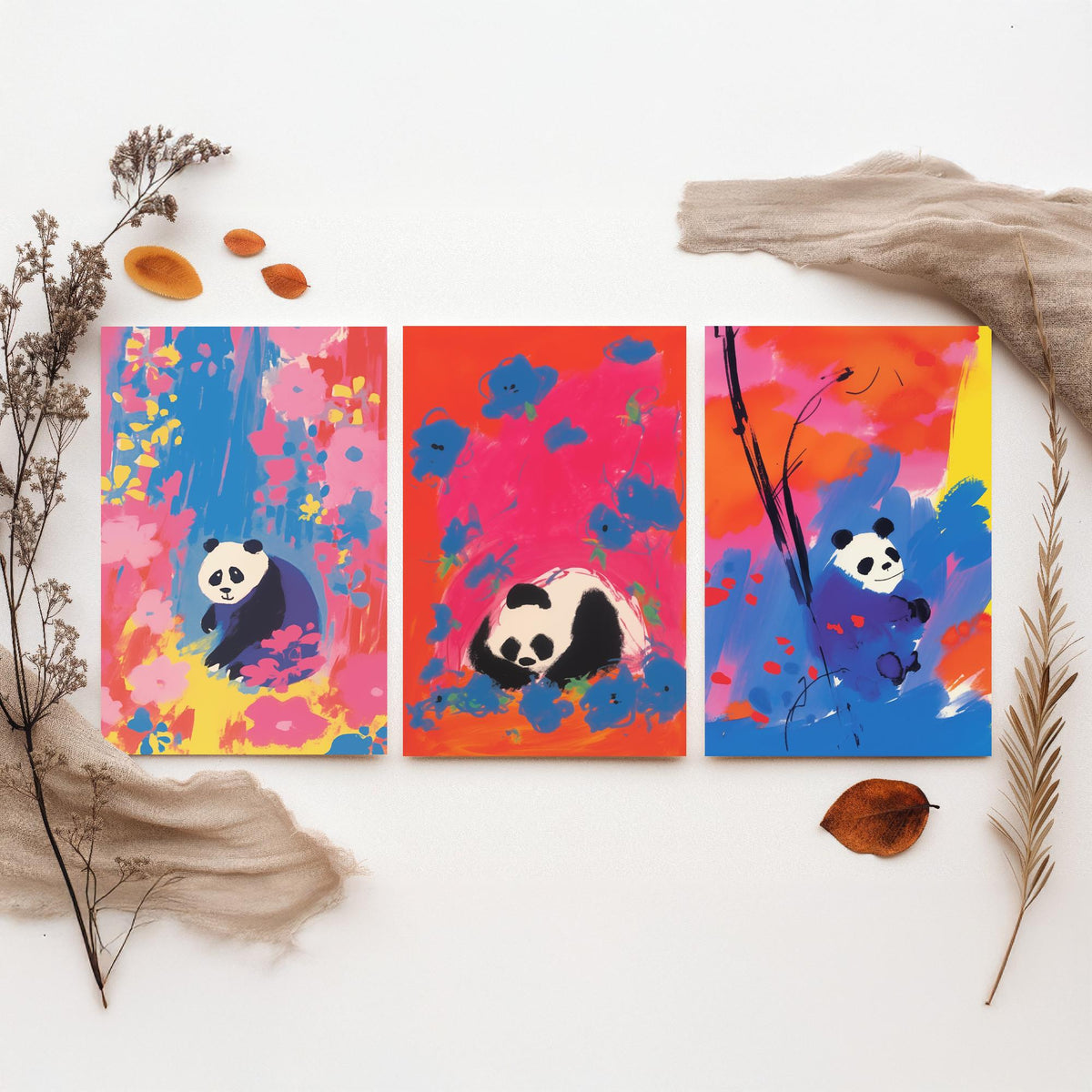 Cute Panda Set of Three Art Prints - Sitting, Sleeping and Bamboo Panda in Pink, Red and Blue - After Odilon Redon Illustration Poster